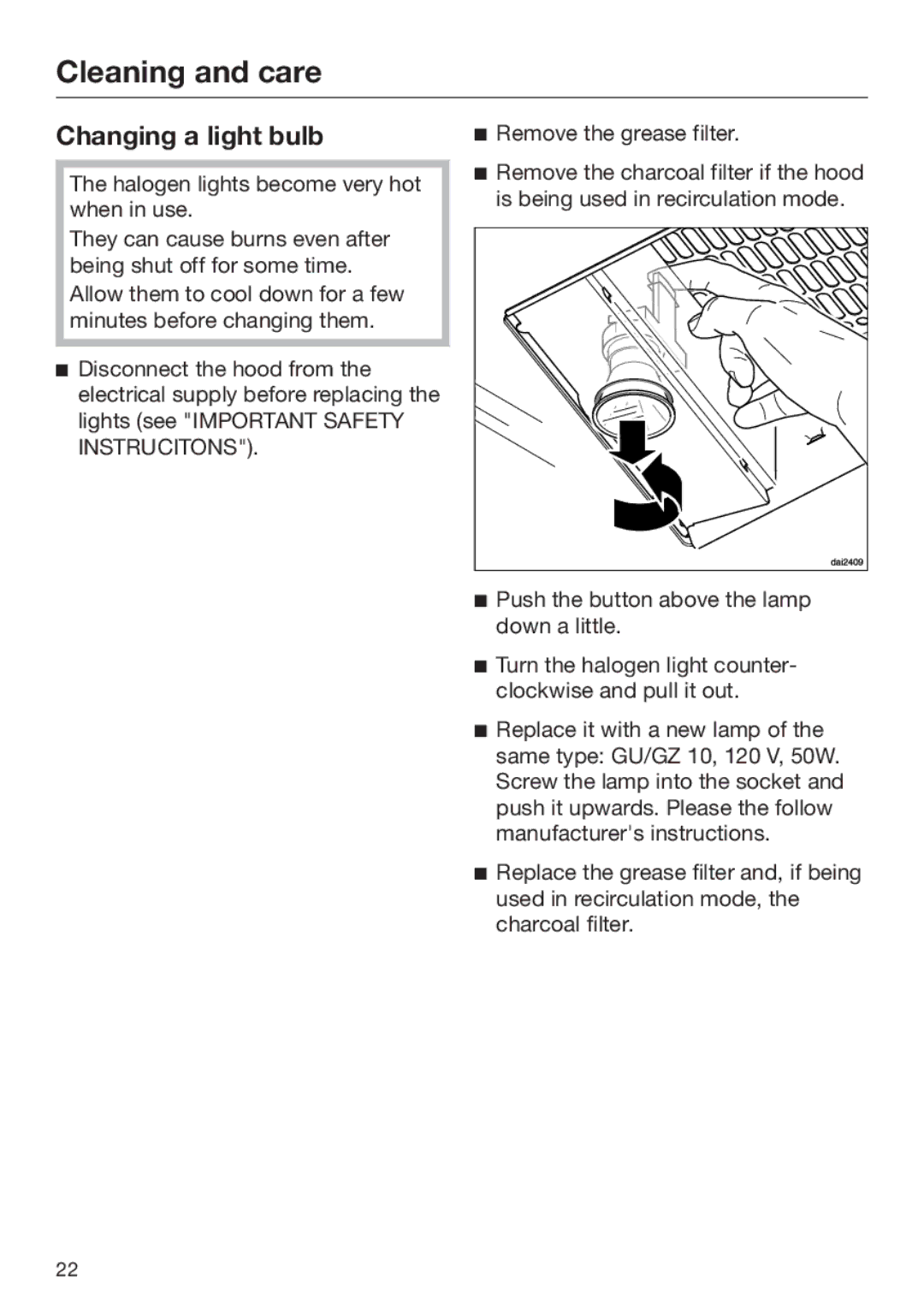 Miele 09 968 280 installation instructions Changing a light bulb 