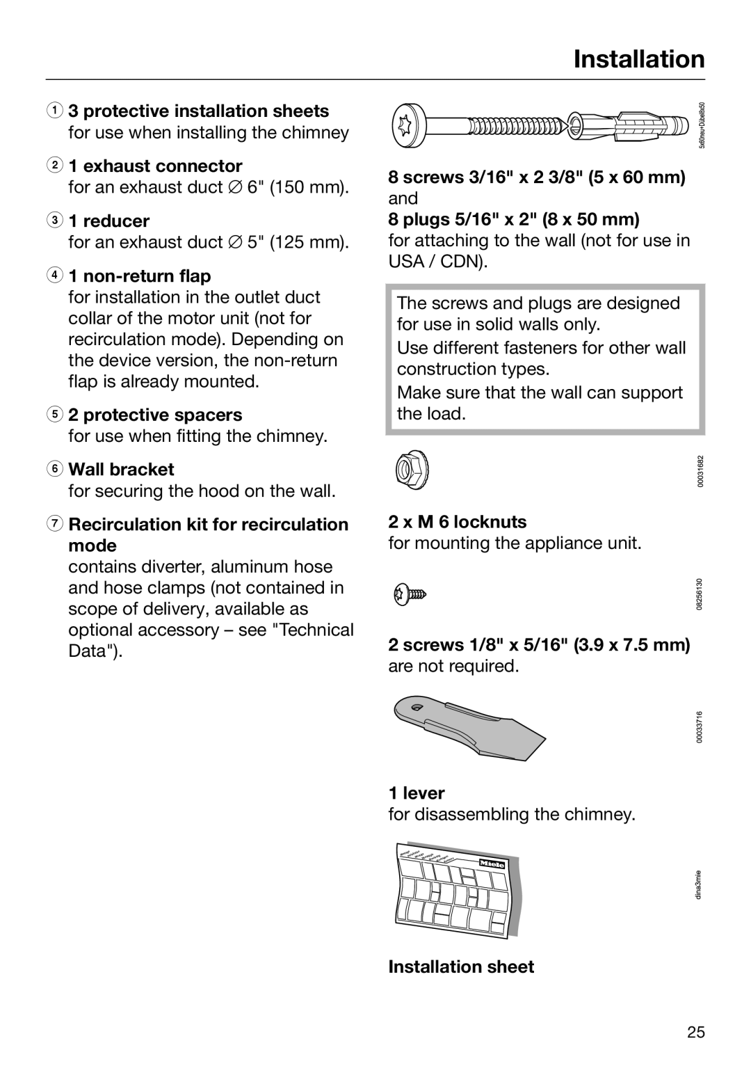 Miele 09 968 280 Reducer, Protective spacers, Wall bracket, Recirculation kit for recirculation mode, M 6 locknuts, Lever 