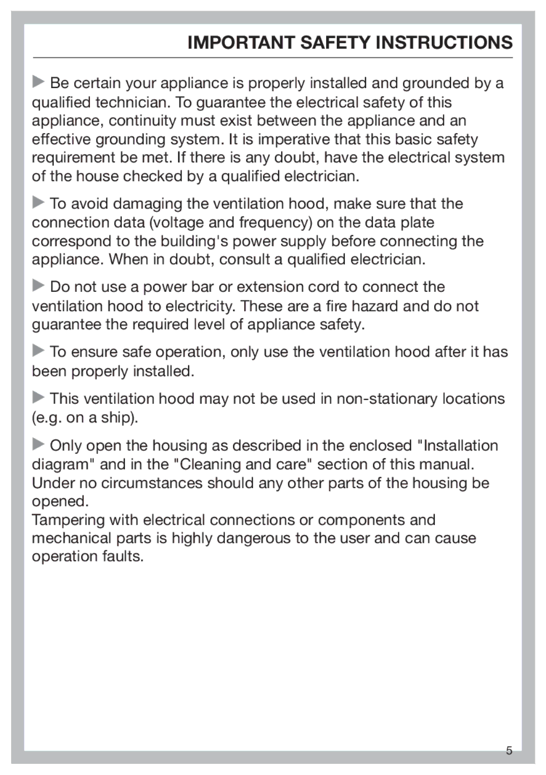 Miele 09 968 280 installation instructions Important Safety Instructions 