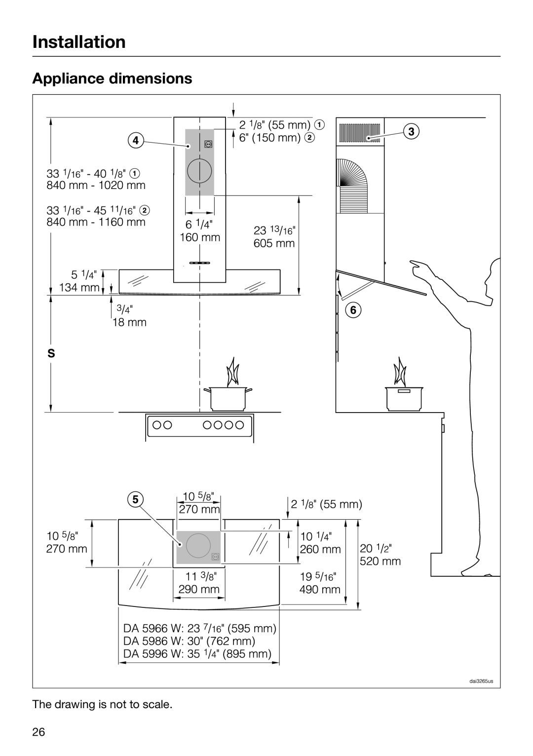 Miele 09 968 280 installation instructions Appliance dimensions, Installation, The drawing is not to scale 