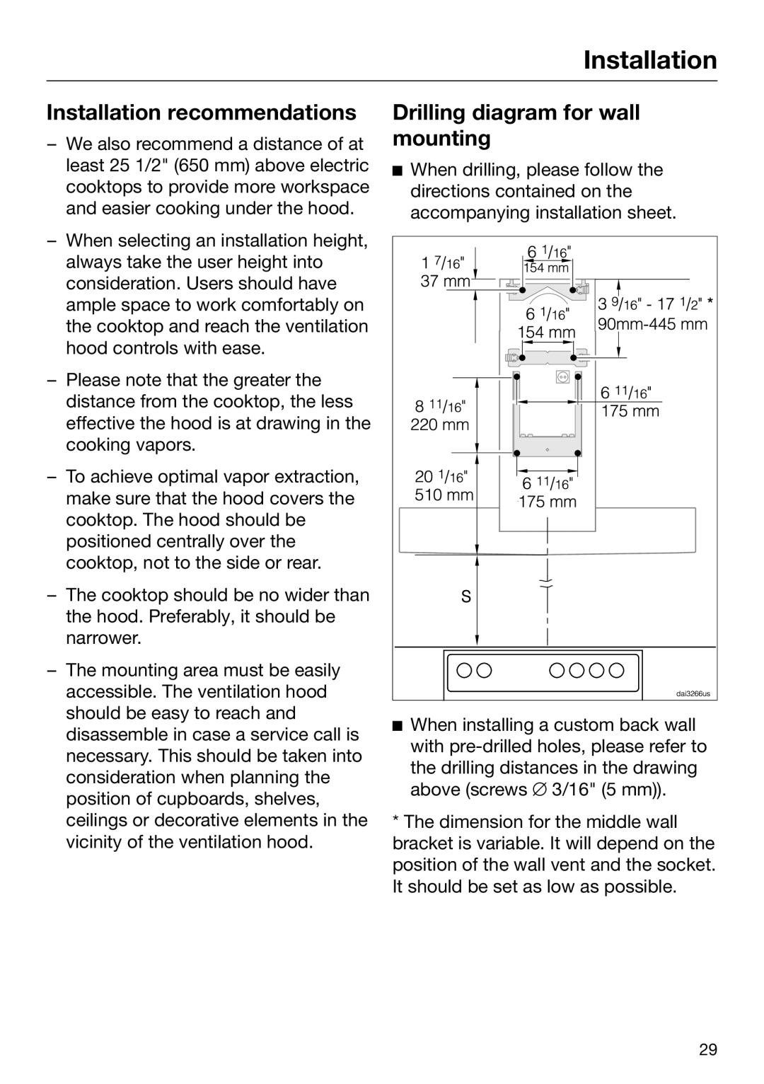 Miele 09 968 280 installation instructions Installation recommendations, Drilling diagram for wall mounting 