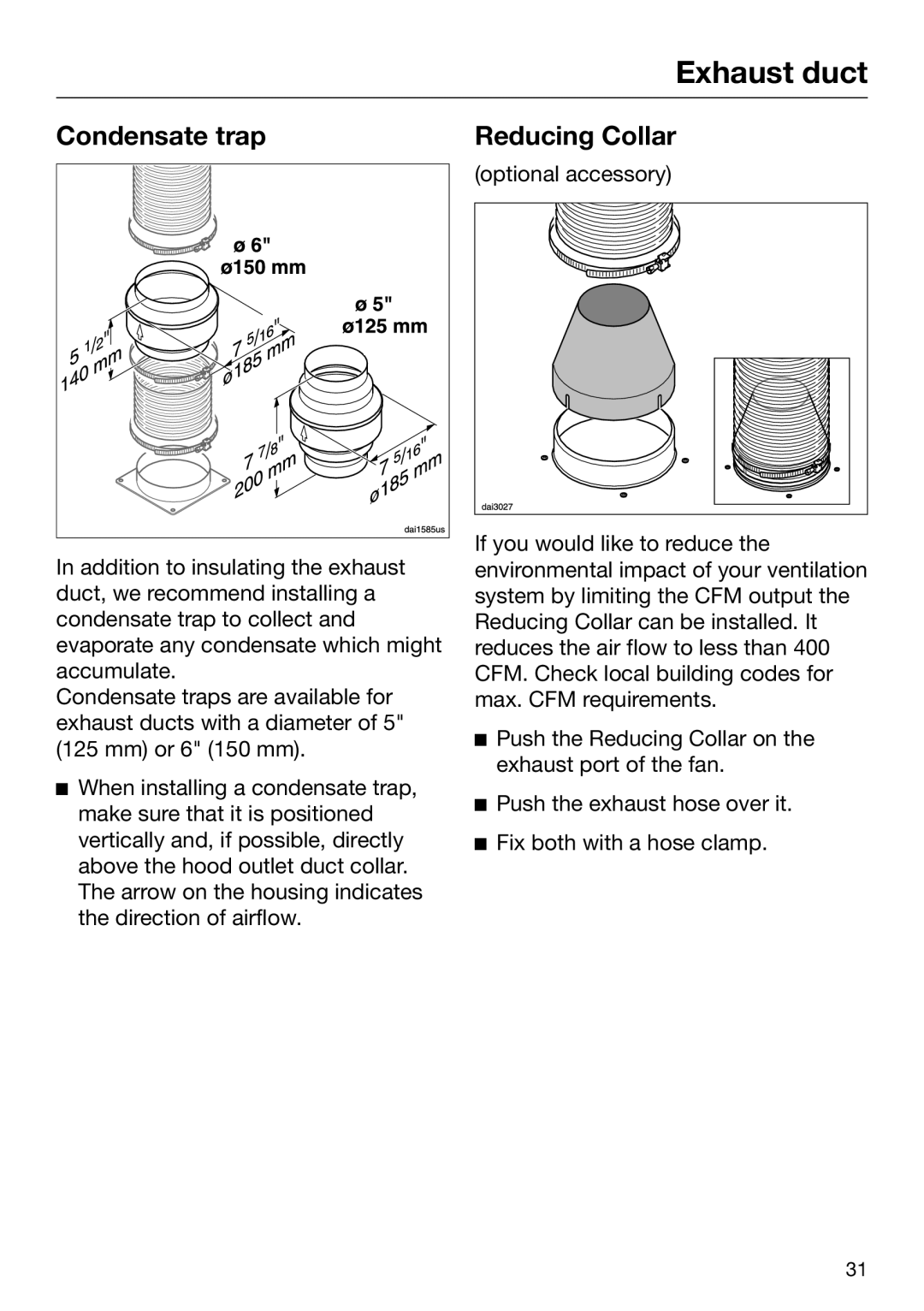 Miele 09 968 280 installation instructions Condensate trap, Reducing Collar, Exhaust duct 