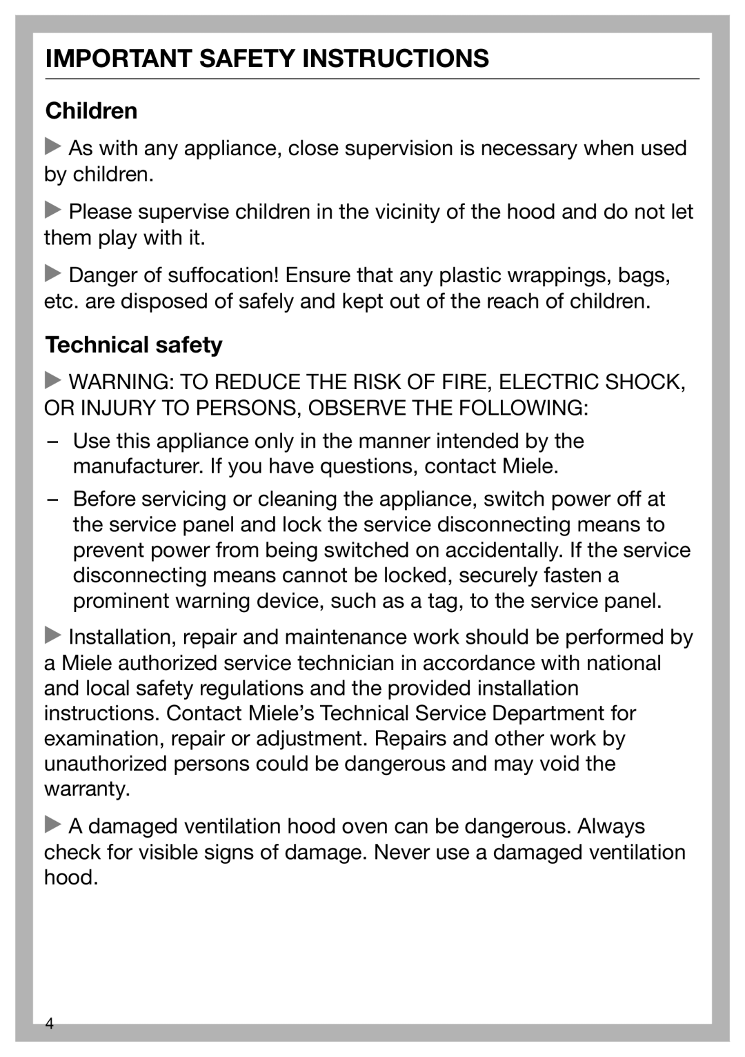 Miele 09 968 280 installation instructions Children, Technical safety, Important Safety Instructions 
