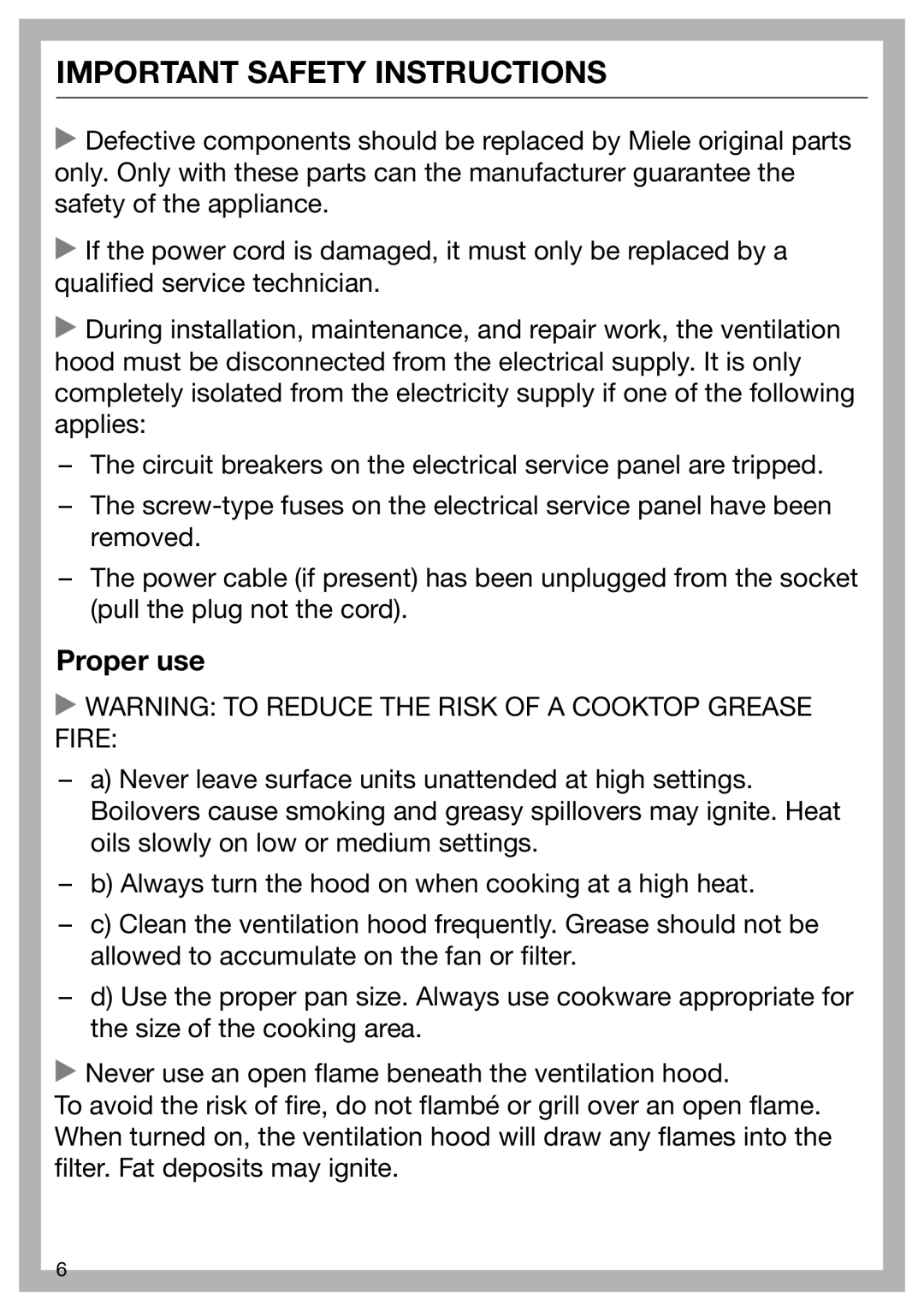 Miele 09 968 280 installation instructions Proper use, Important Safety Instructions 