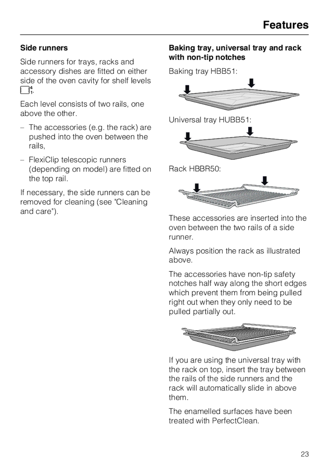 Miele 10 102 470 installation instructions Side runners, Baking tray, universal tray and rack with non-tip notches 