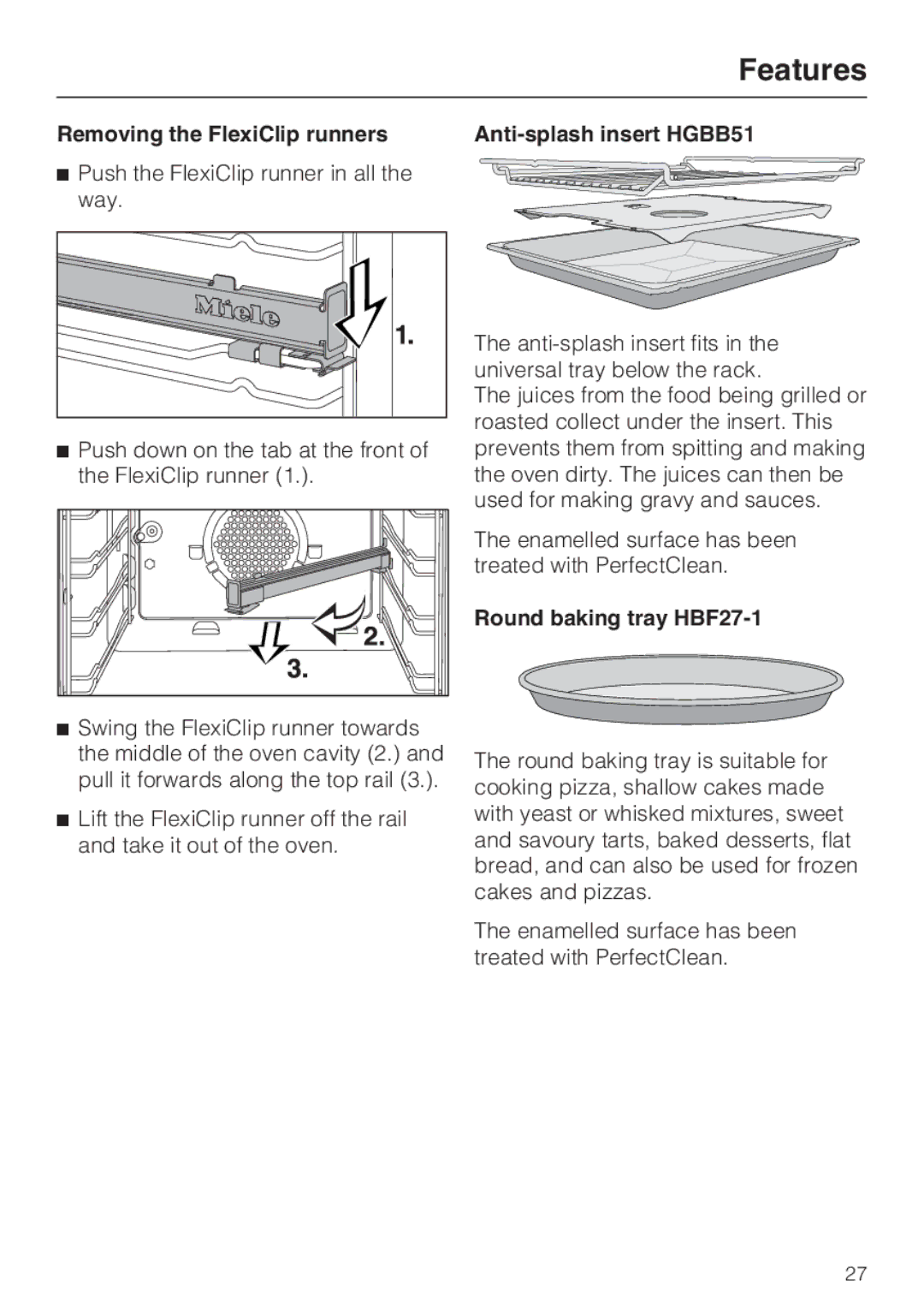 Miele 10 102 470 Removing the FlexiClip runners Anti-splash insert HGBB51, Round baking tray HBF27-1 