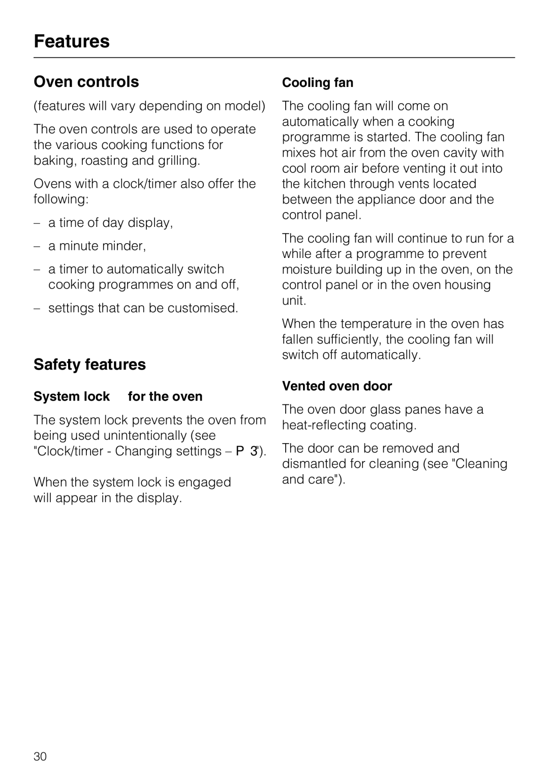 Miele 10 102 470 Oven controls, Safety features, System lock for the oven, Cooling fan, Vented oven door 