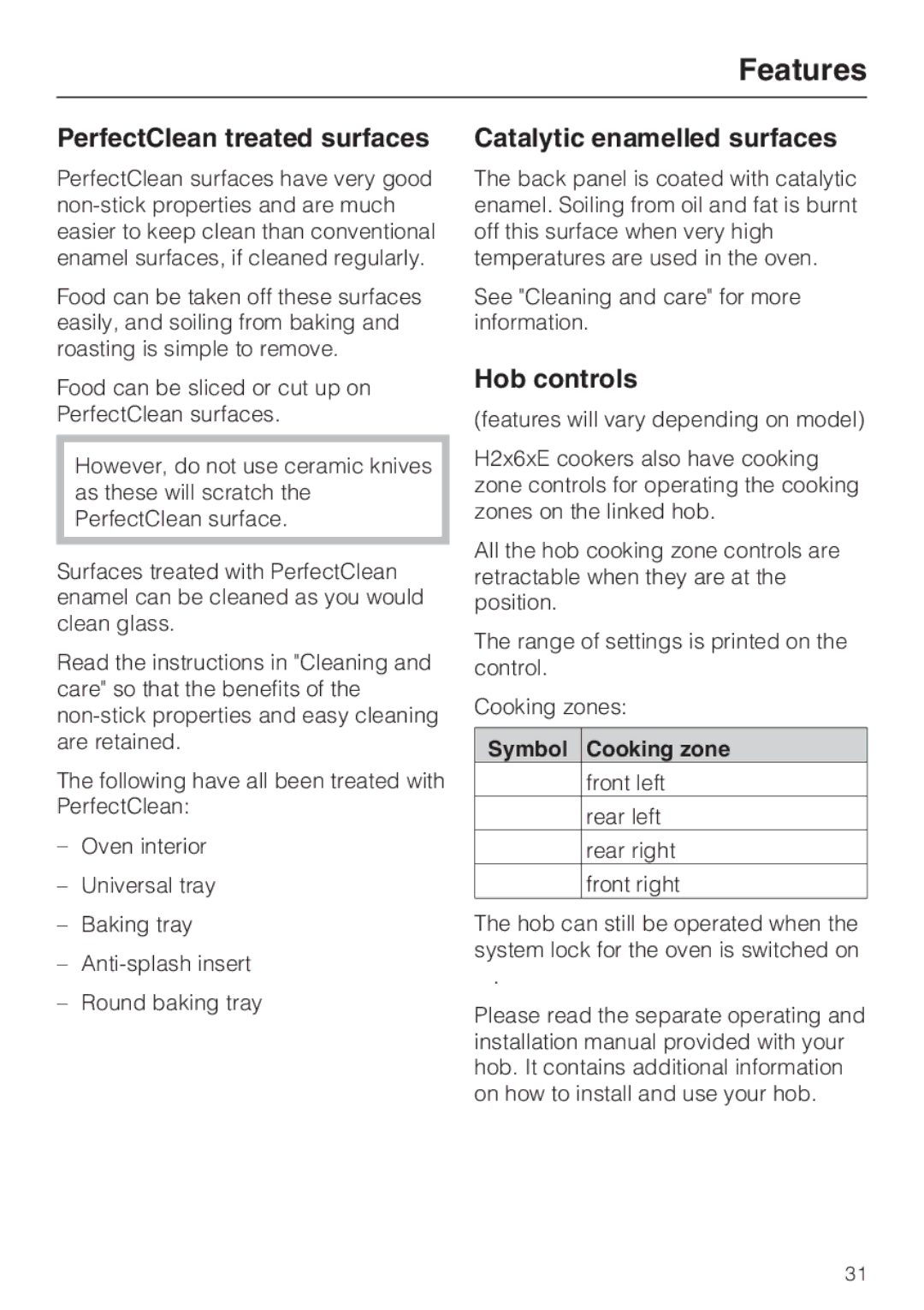 Miele 10 102 470 PerfectClean treated surfaces, Catalytic enamelled surfaces, Hob controls, Symbol Cooking zone 