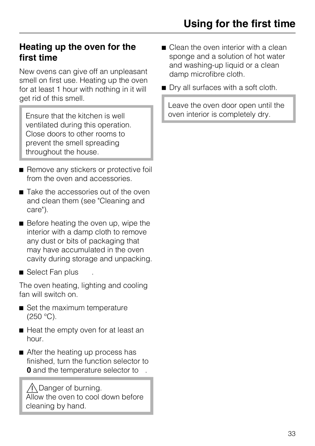 Miele 10 102 470 installation instructions Heating up the oven for the first time 