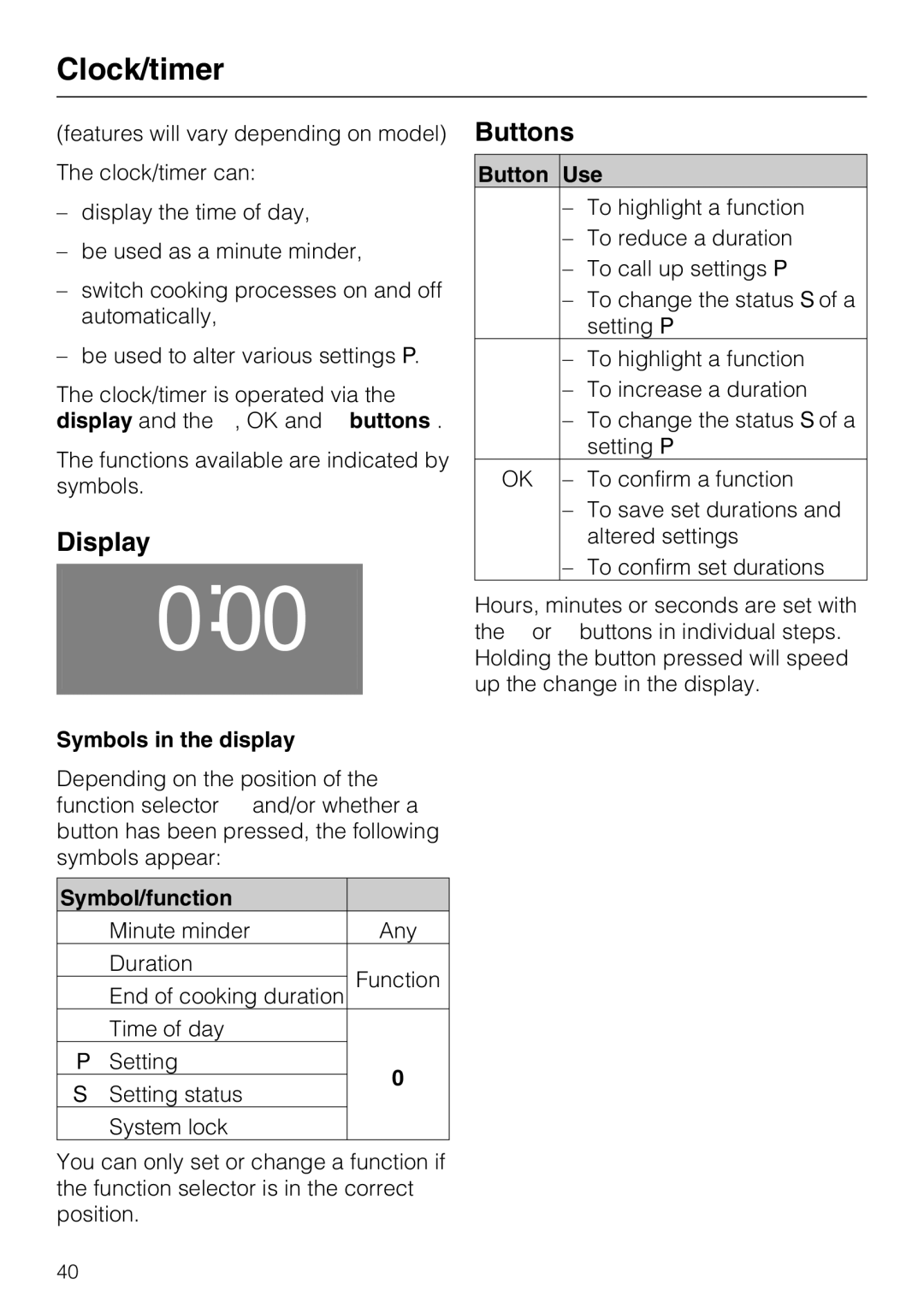 Miele 10 102 470 installation instructions Clock/timer, Display, Buttons 