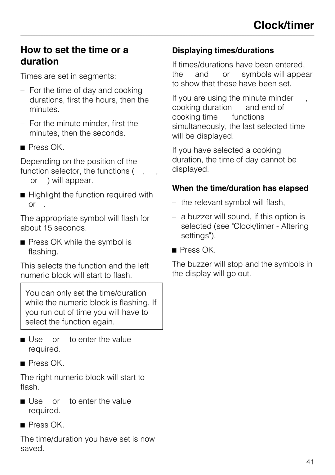 Miele 10 102 470 How to set the time or a duration, Displaying times/durations, When the time/duration has elapsed 