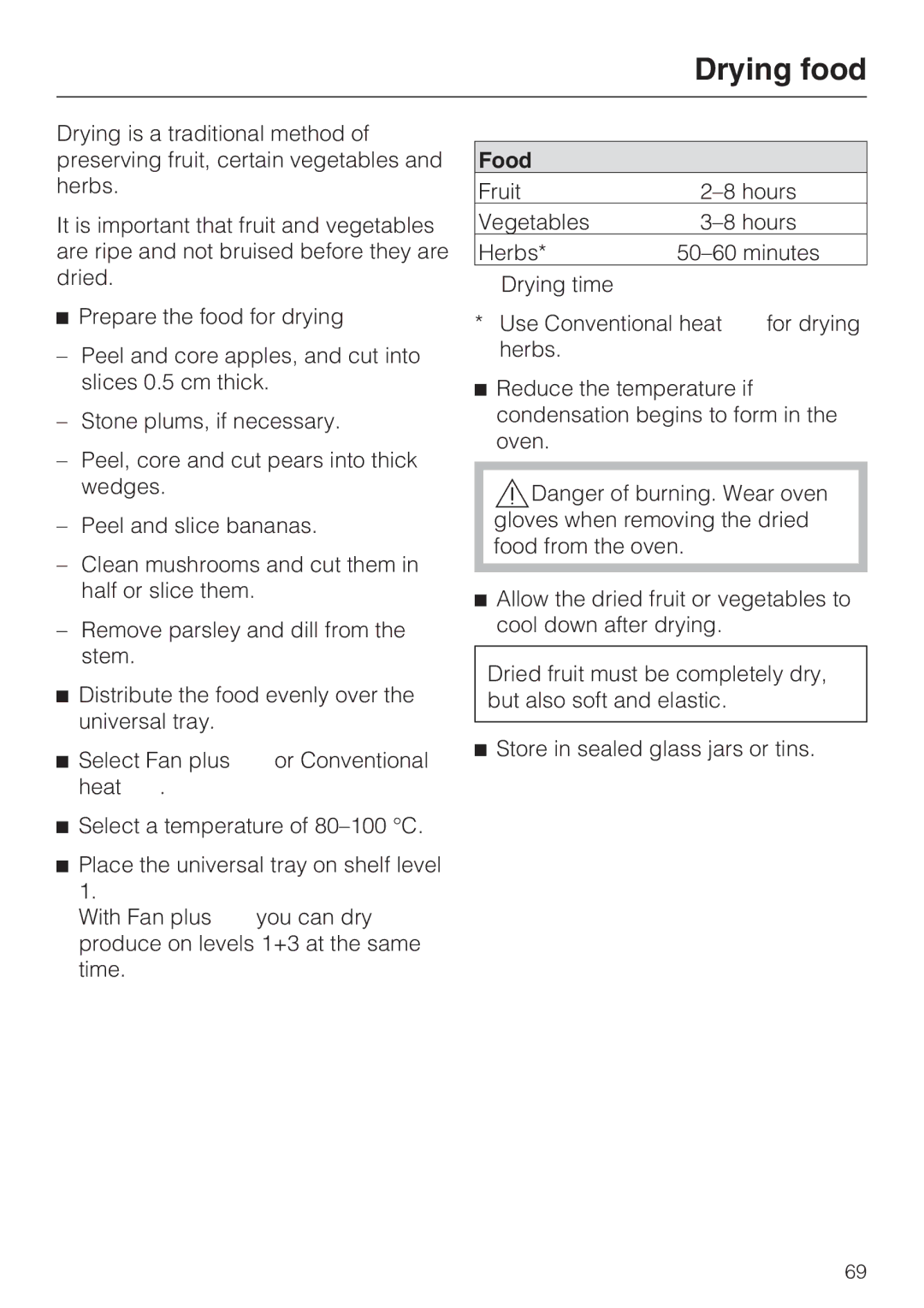 Miele 10 102 470 installation instructions Drying food, Food 