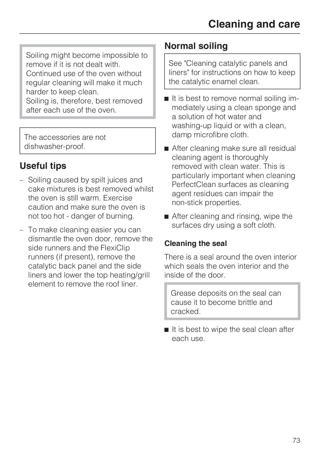 Miele 10 102 470 installation instructions Useful tips, Normal soiling, Cleaning the seal 