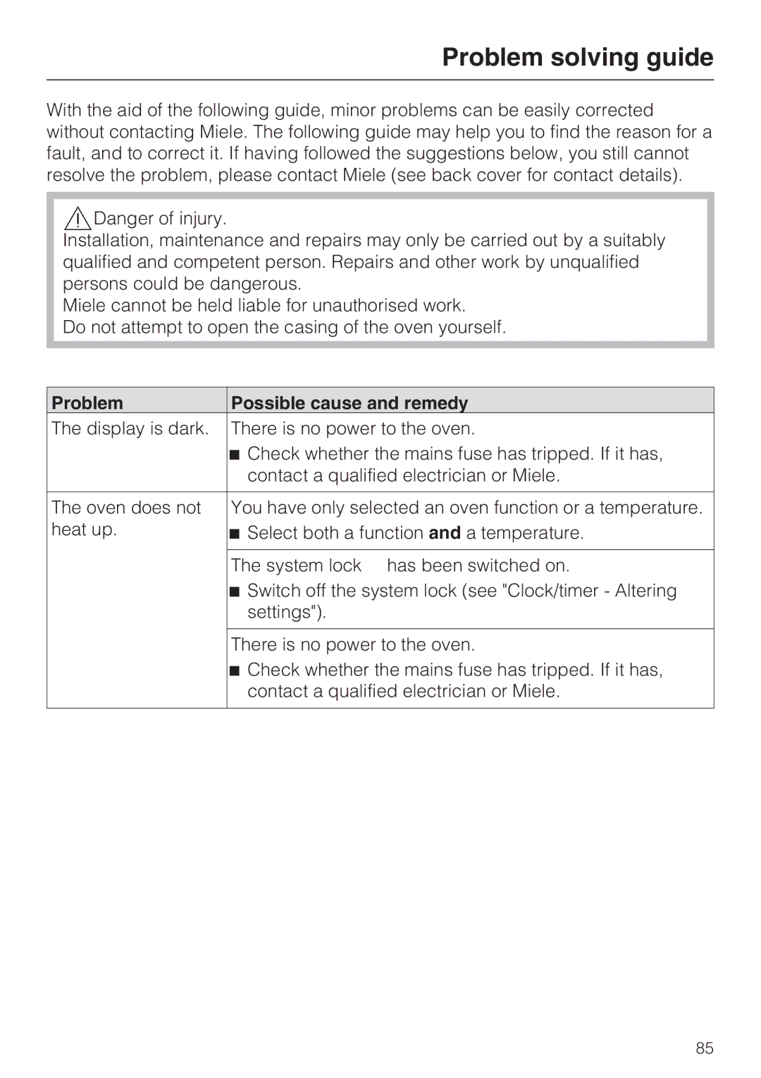 Miele 10 102 470 installation instructions Problem solving guide, Problem Possible cause and remedy 