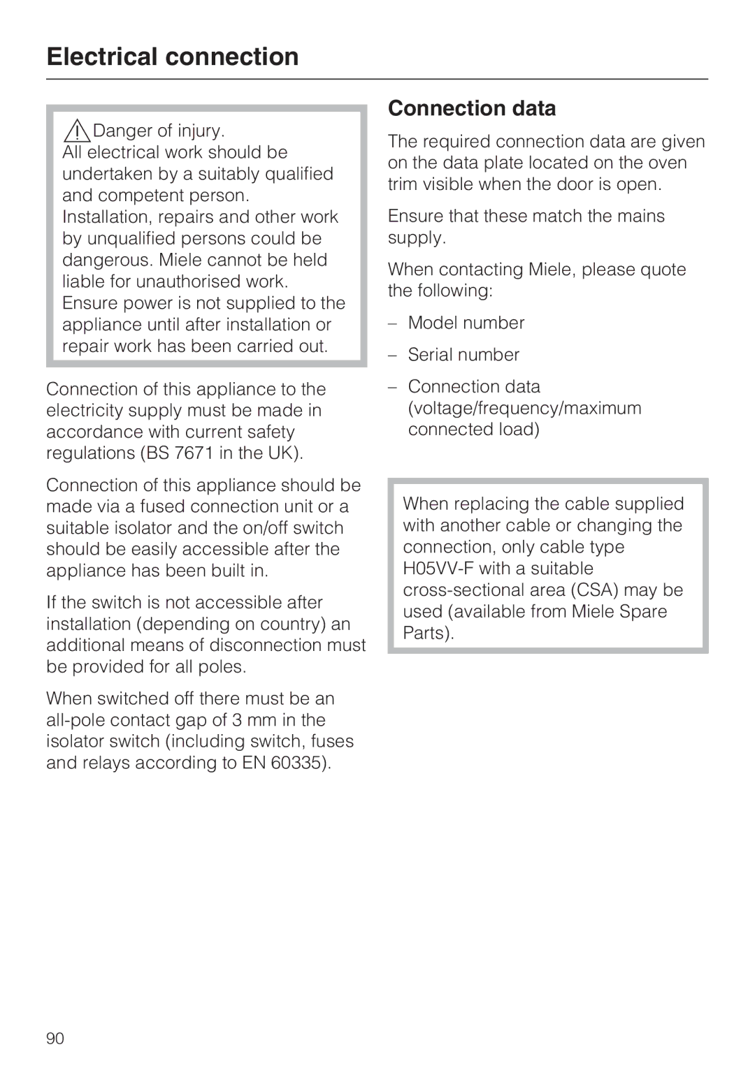 Miele 10 102 470 installation instructions Electrical connection, Connection data 