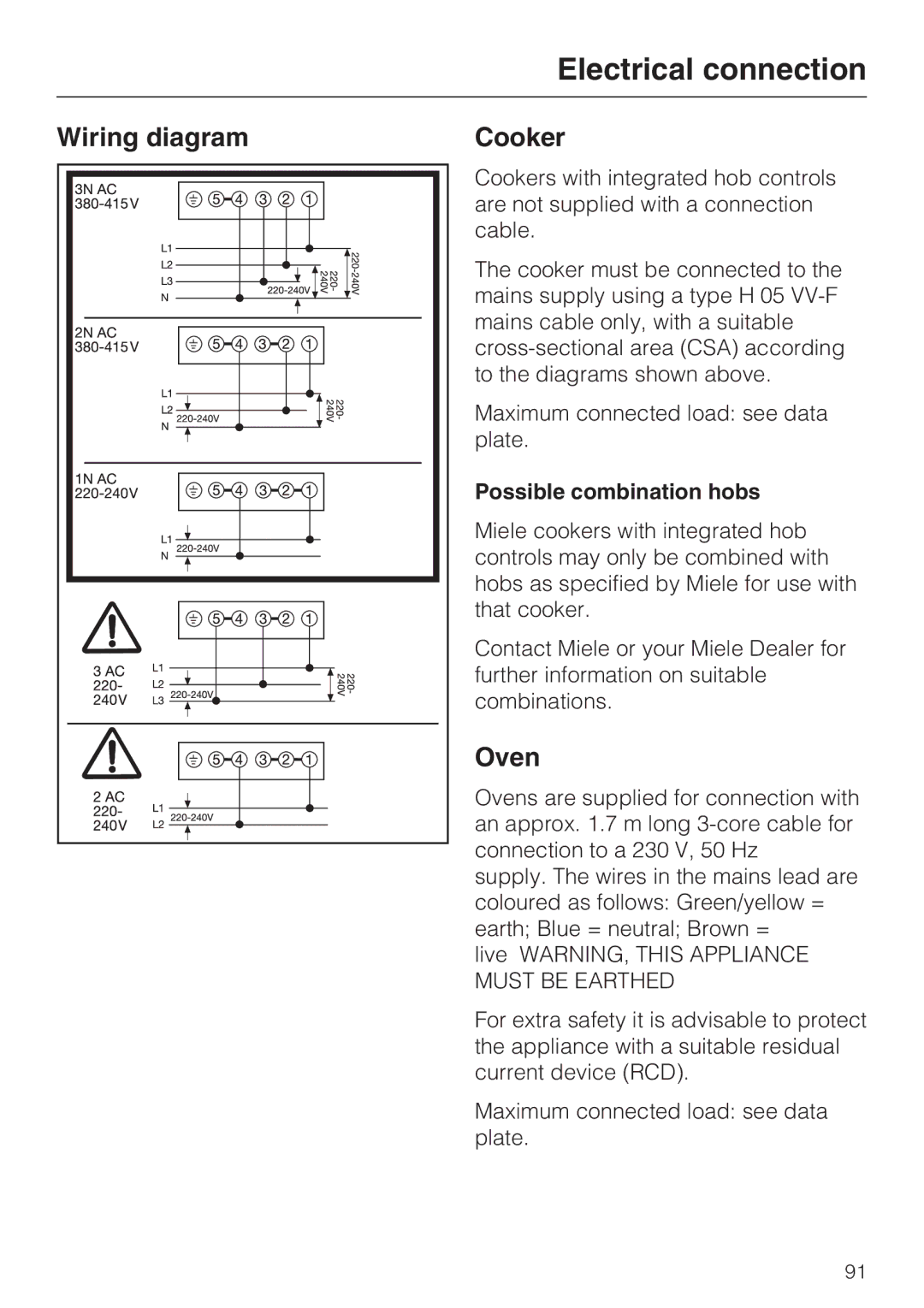 Miele 10 102 470 installation instructions Wiring diagram Cooker, Oven, Possible combination hobs 