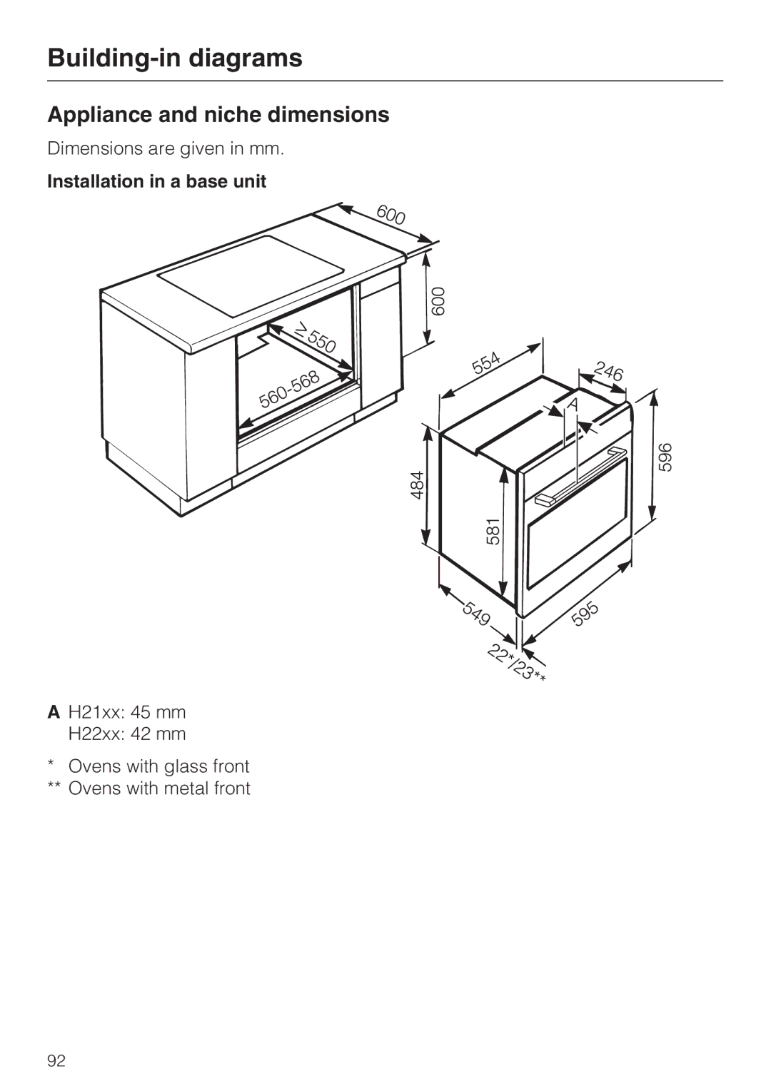 Miele 10 102 470 Building-in diagrams, Appliance and niche dimensions, Installation in a base unit 