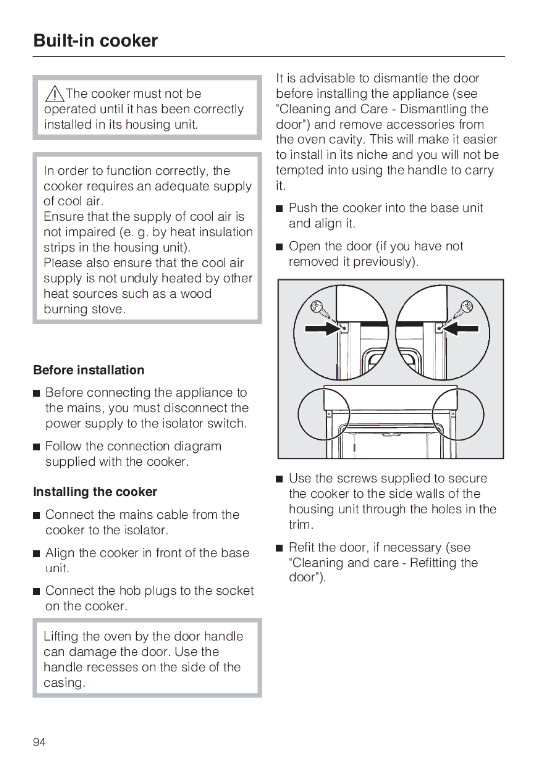 Miele 10 102 470 installation instructions Built-in cooker, Before installation, Installing the cooker 