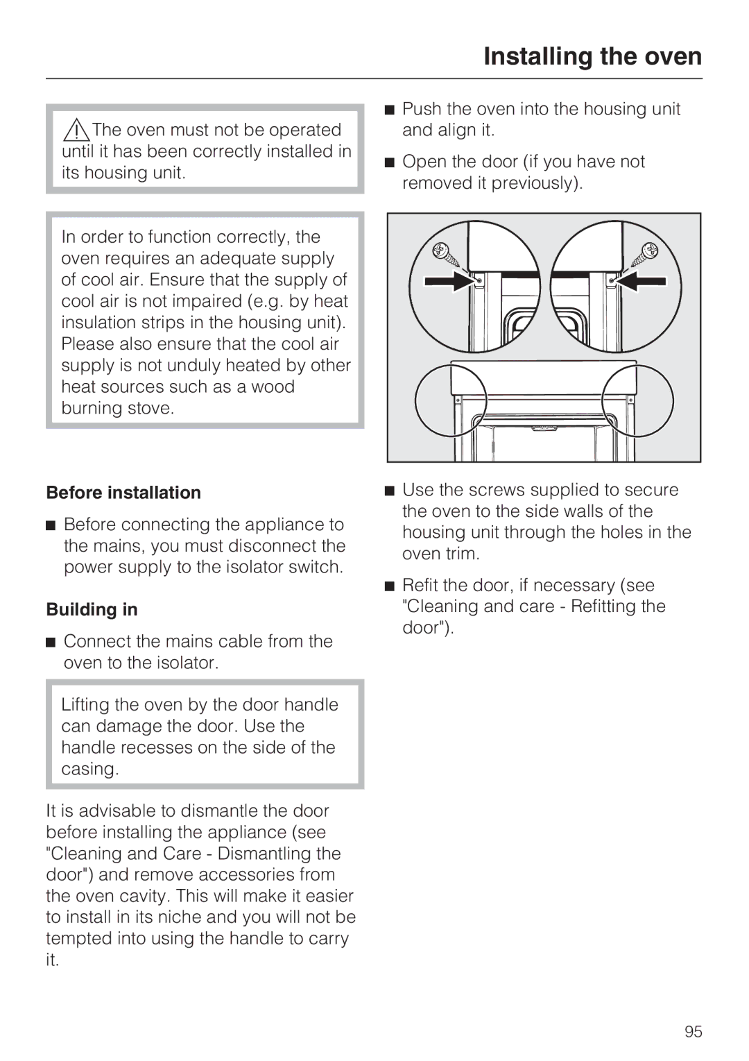 Miele 10 102 470 installation instructions Installing the oven, Building 