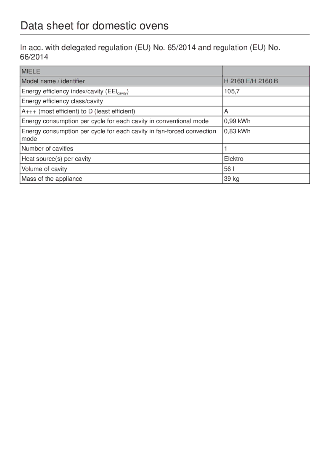 Miele 10 102 470 installation instructions Data sheet for domestic ovens, Miele 