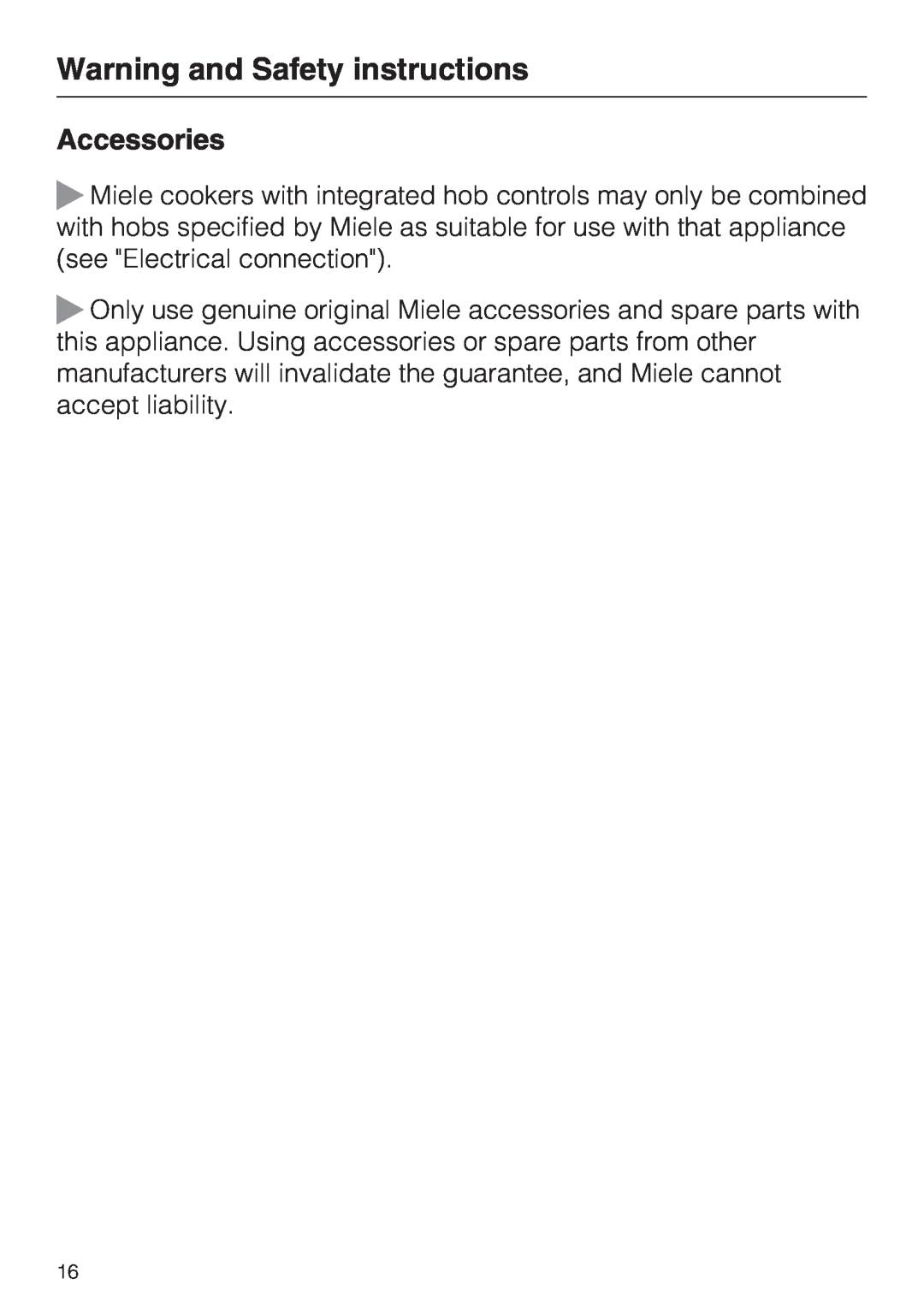Miele 10 102 470 installation instructions Accessories, Warning and Safety instructions 
