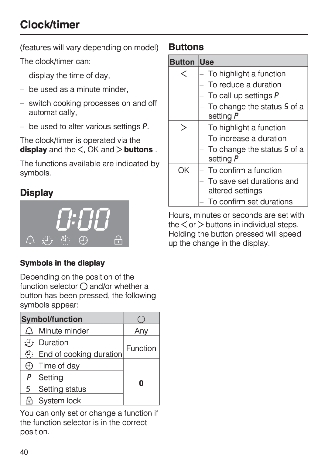 Miele 10 102 470 installation instructions 0:00, Clock/timer, Display, Buttons, Symbols in the display, Symbol/function 