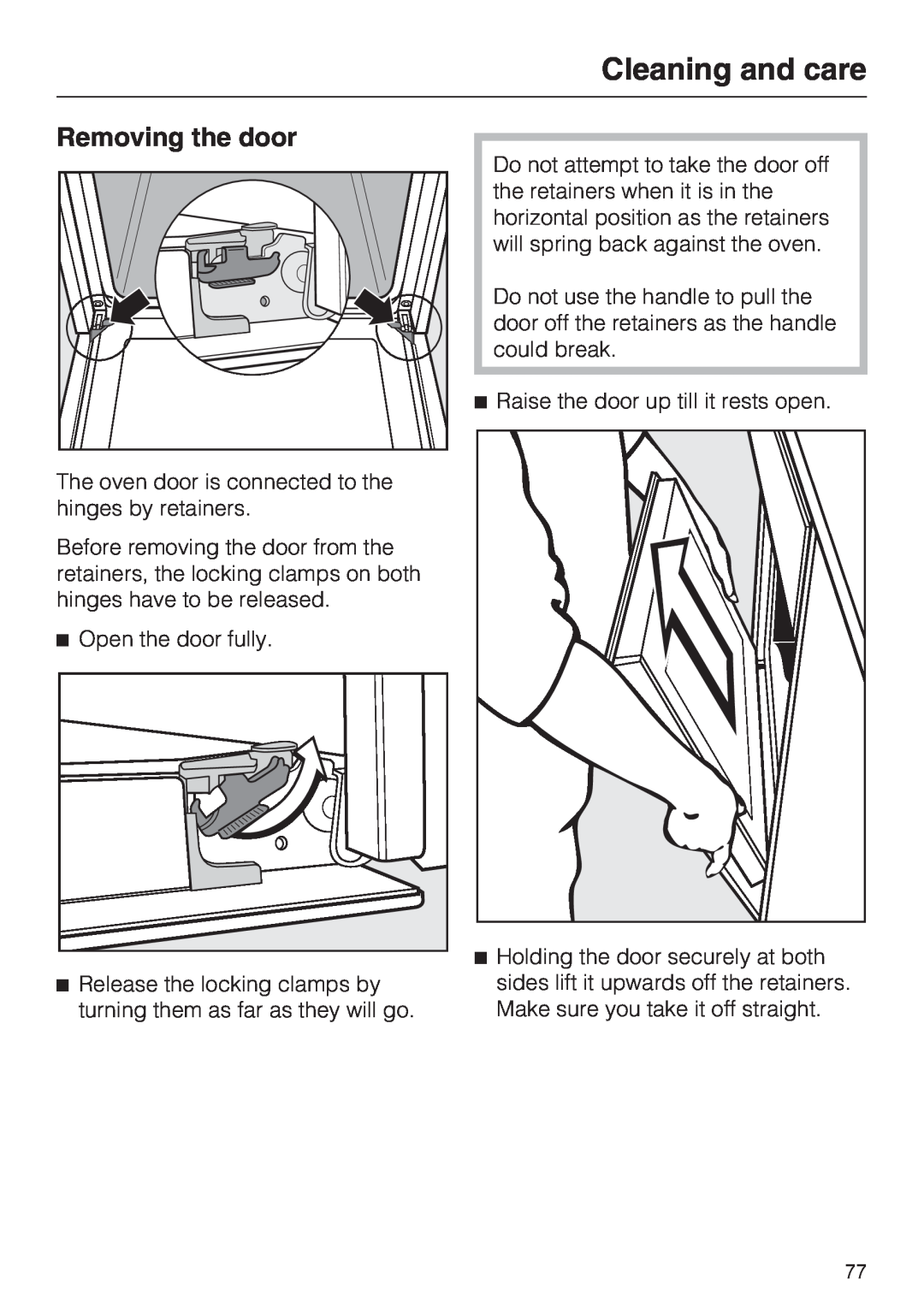 Miele 10 102 470 installation instructions Removing the door, Cleaning and care 