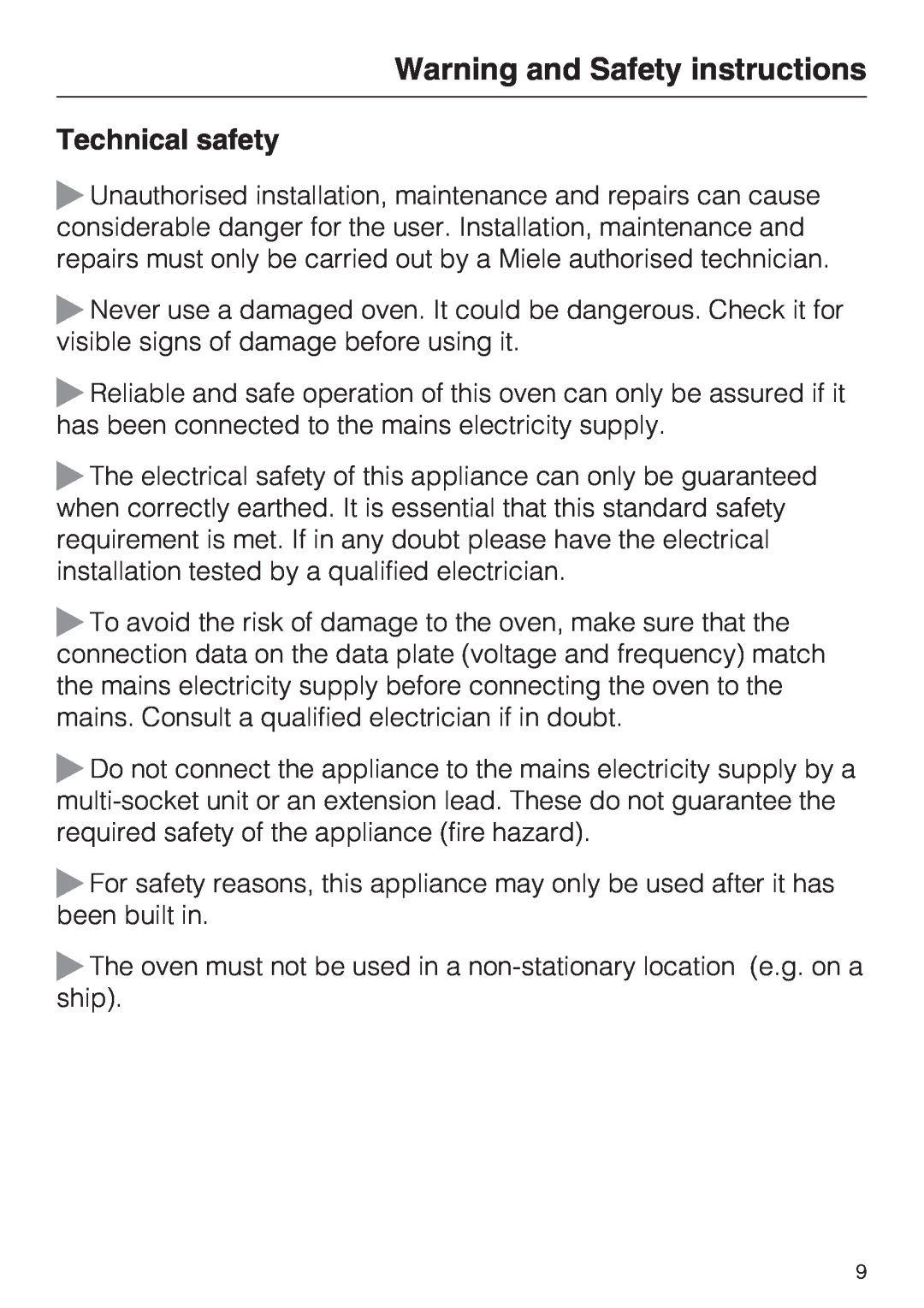 Miele 10 102 470 installation instructions Technical safety, Warning and Safety instructions 
