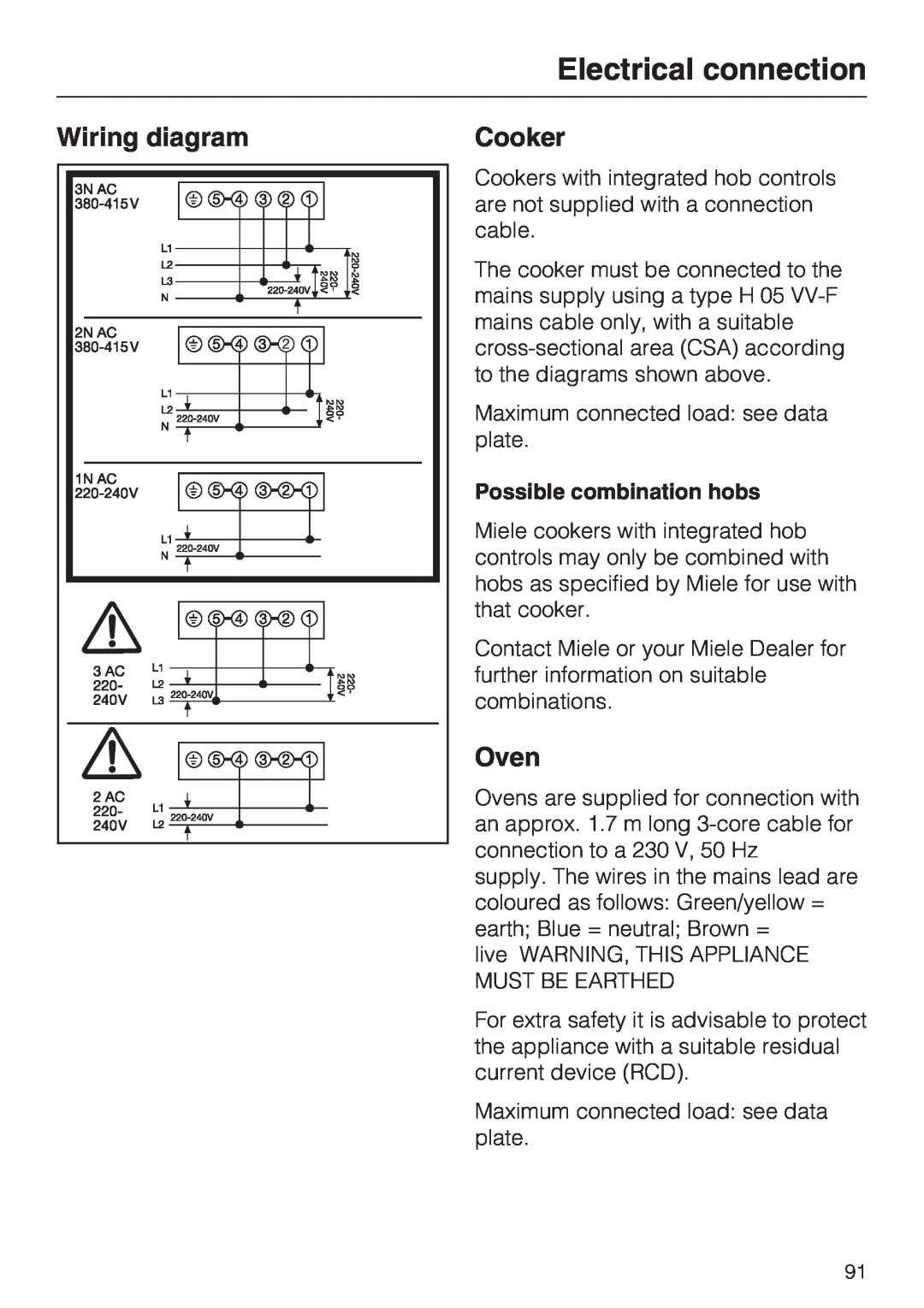 Miele 10 102 470 installation instructions Wiring diagram, Cooker, Oven, Electrical connection, Possible combination hobs 