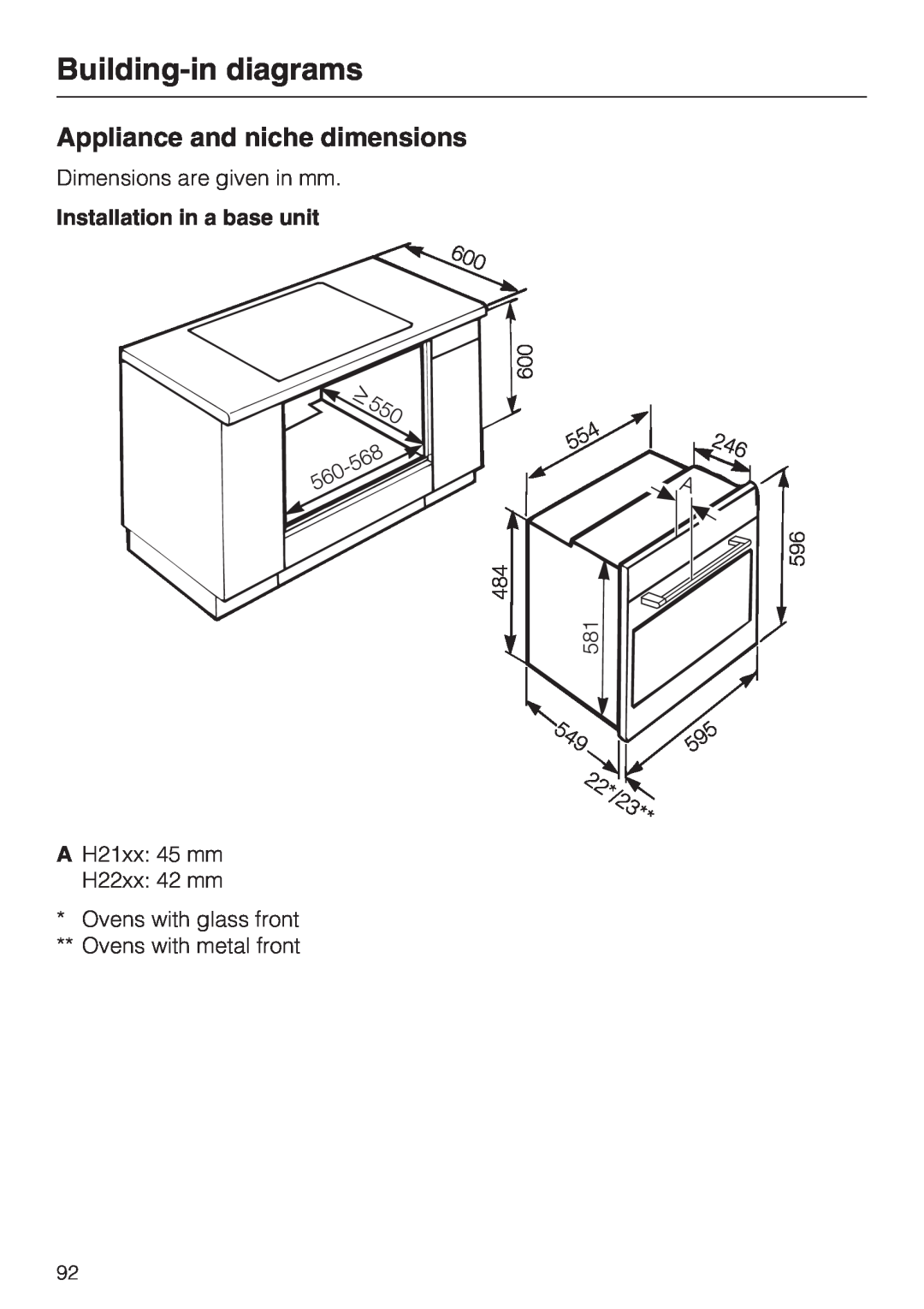 Miele 10 102 470 installation instructions Building-indiagrams, Appliance and niche dimensions, Installation in a base unit 