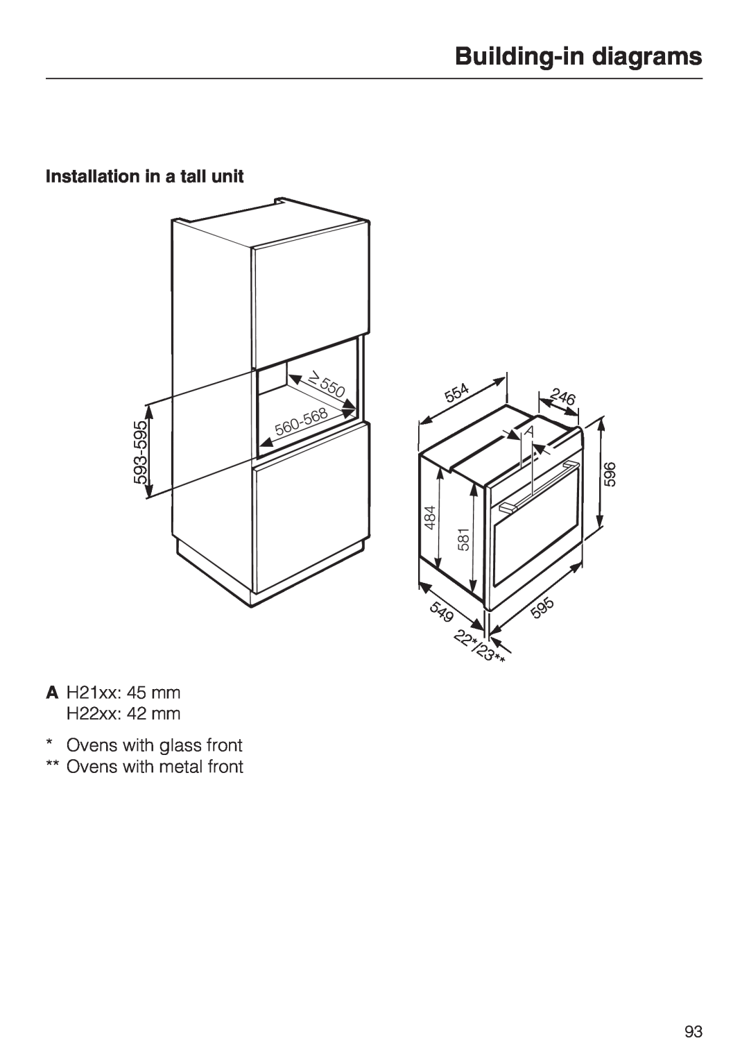 Miele 10 102 470 installation instructions Building-indiagrams, Installation in a tall unit 