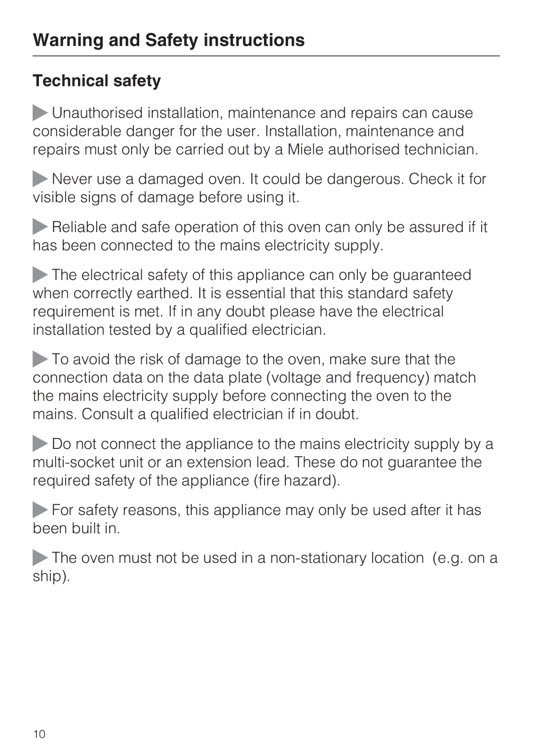 Miele 10 110 510 installation instructions Technical safety 
