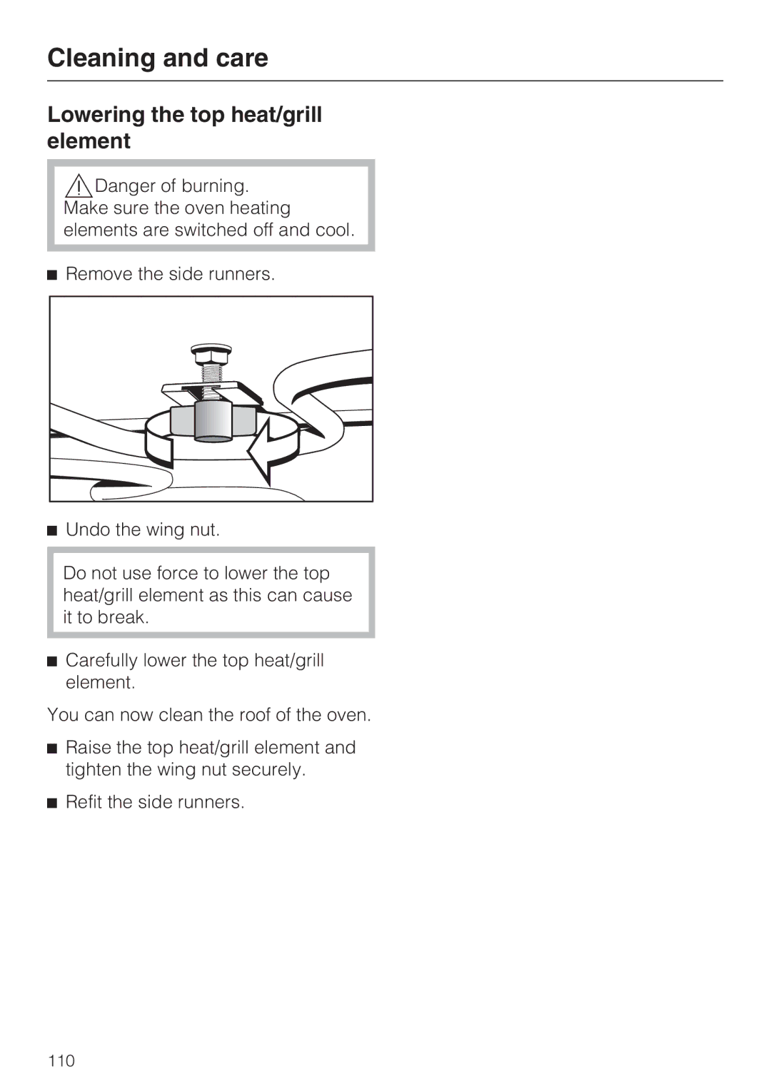 Miele 10 110 510 installation instructions Lowering the top heat/grill element 