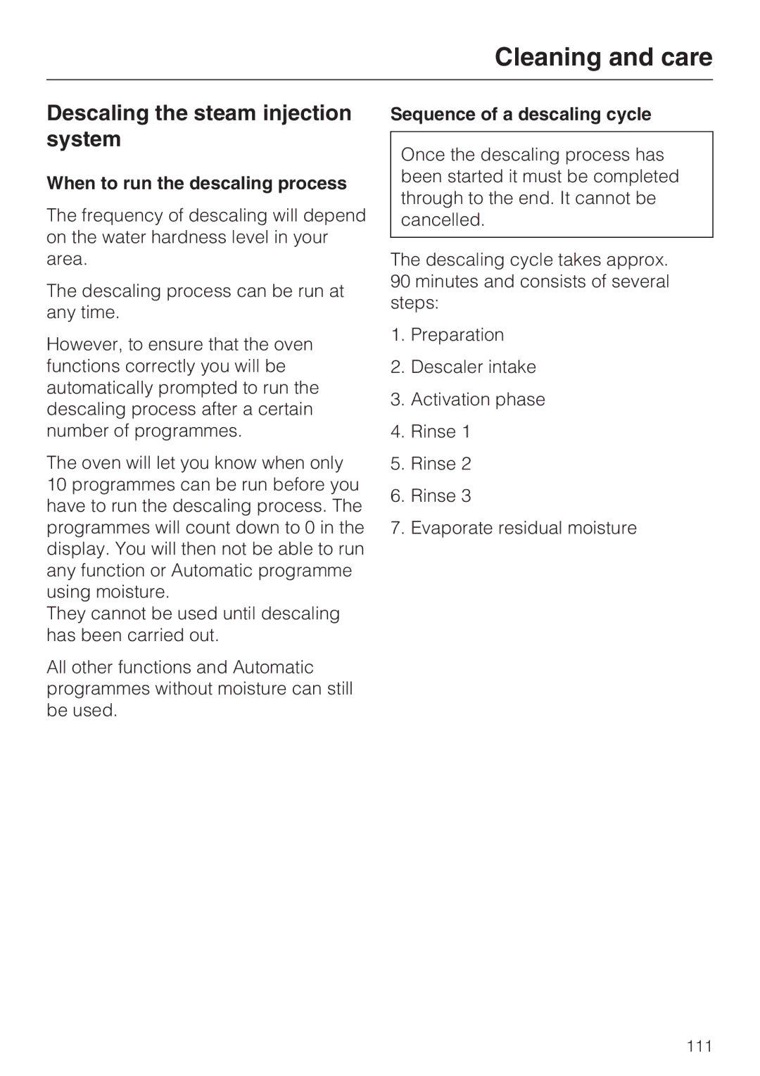 Miele 10 110 510 Descaling the steam injection system, When to run the descaling process, Sequence of a descaling cycle 