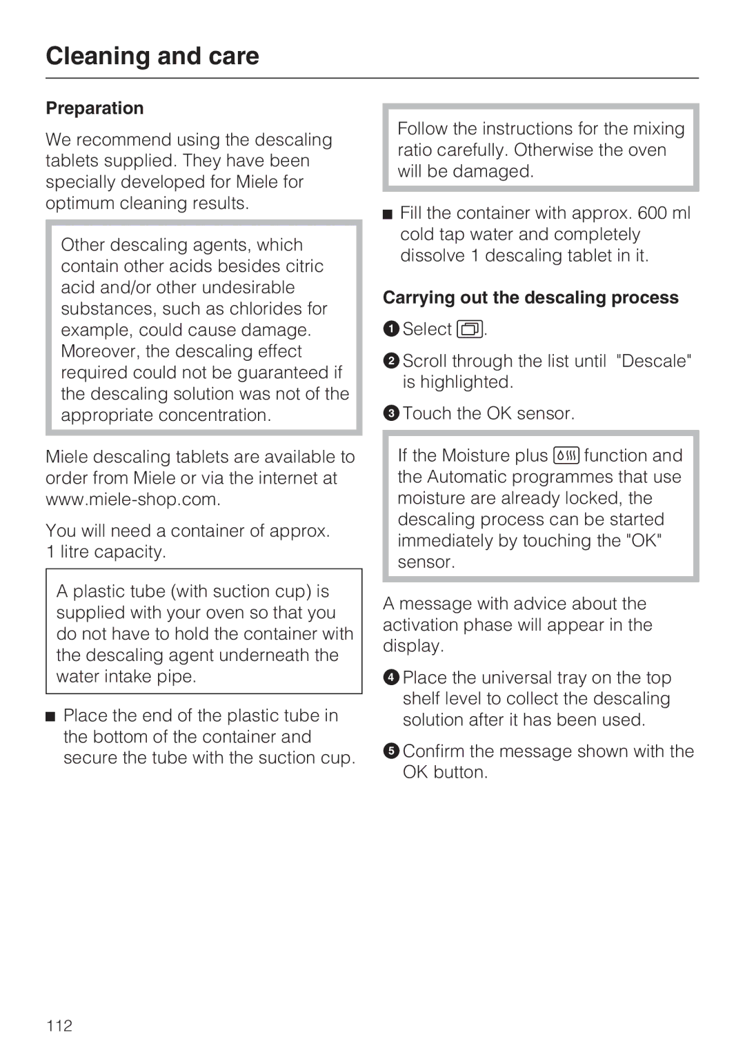 Miele 10 110 510 installation instructions Preparation, Carrying out the descaling process 