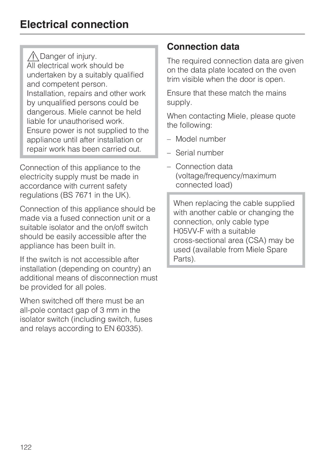 Miele 10 110 510 installation instructions Electrical connection, Connection data 