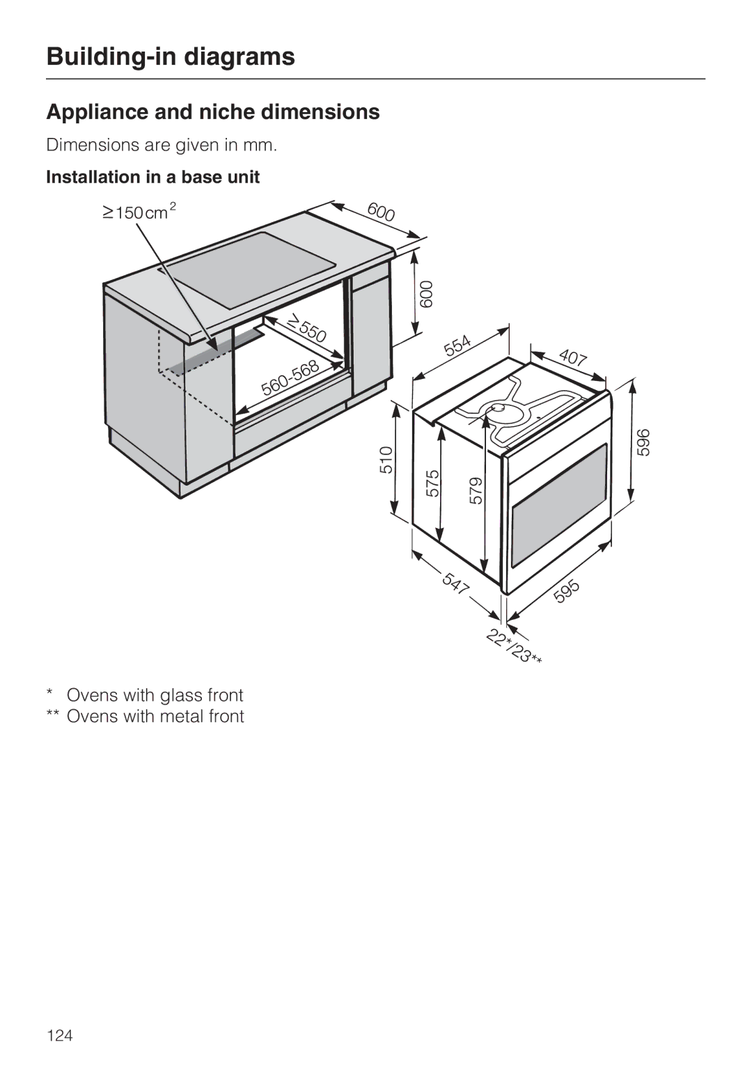 Miele 10 110 510 Building-in diagrams, Appliance and niche dimensions, Installation in a base unit 