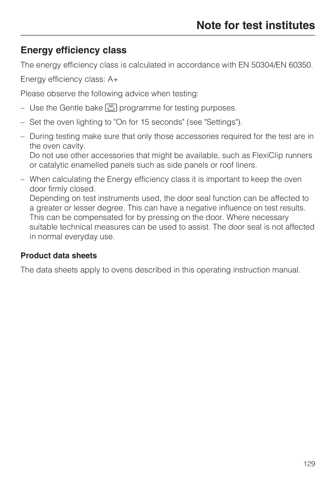 Miele 10 110 510 installation instructions Energy efficiency class, Product data sheets 