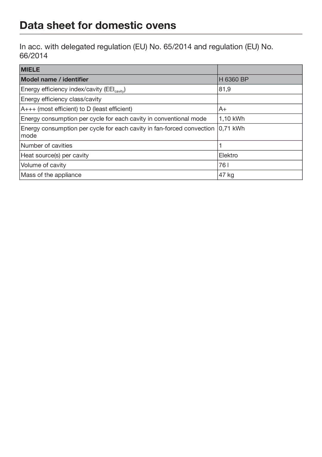 Miele 10 110 510 installation instructions Data sheet for domestic ovens, Miele 