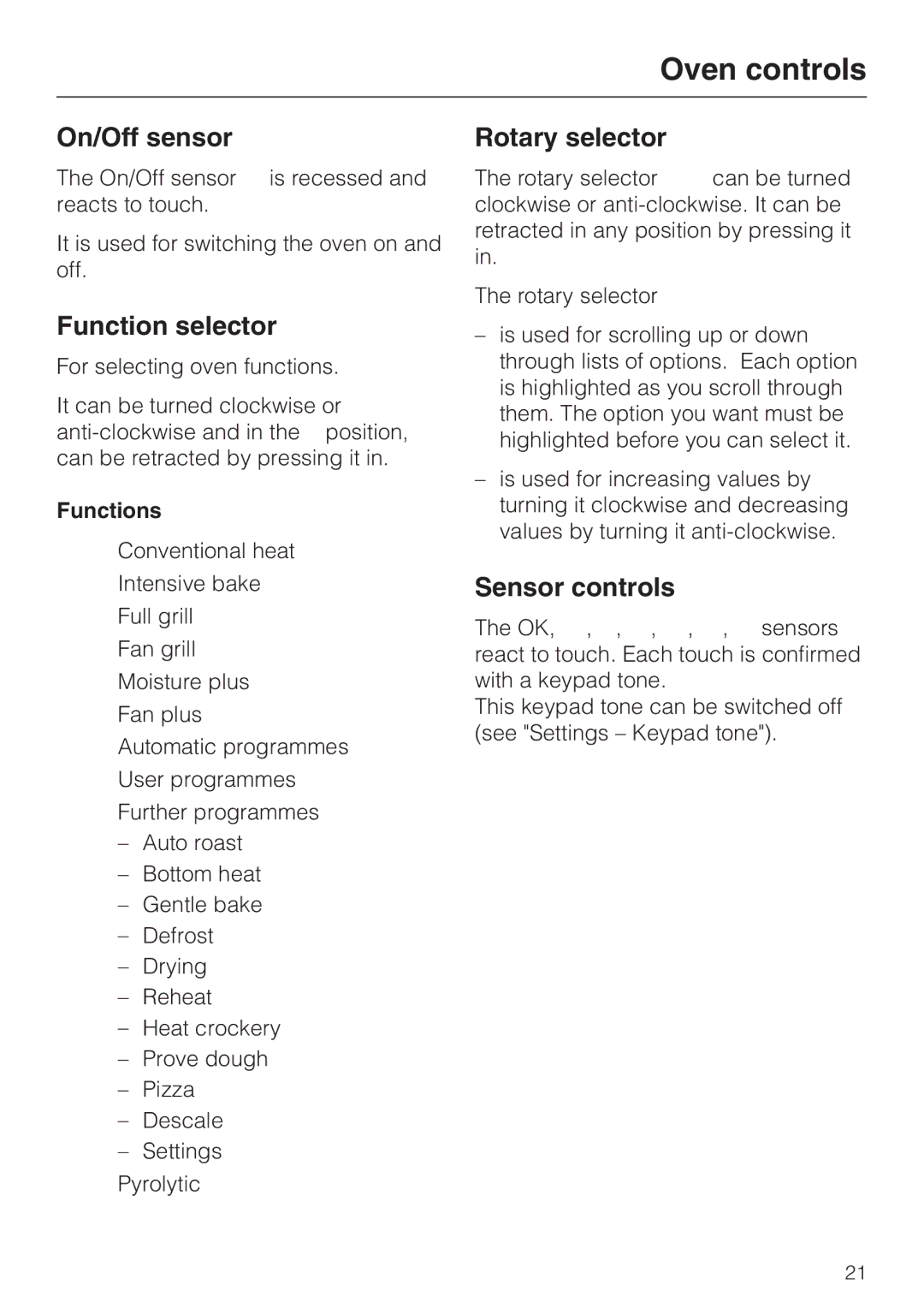 Miele 10 110 510 installation instructions On/Off sensor Rotary selector, Function selector, Sensor controls, Functions 