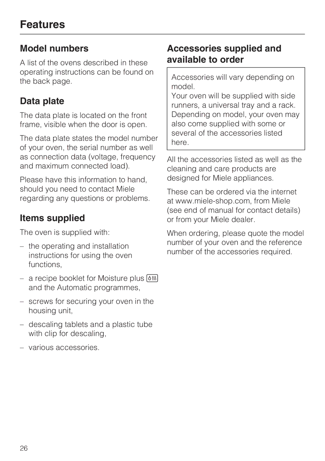 Miele 10 110 510 Features, Model numbers, Data plate, Items supplied, Accessories supplied and available to order 