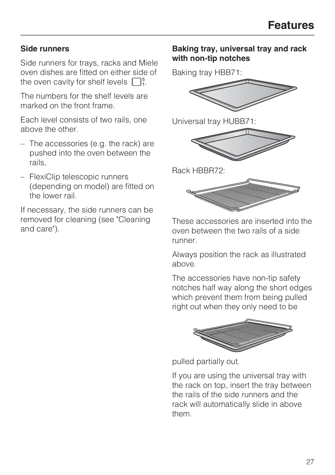 Miele 10 110 510 installation instructions Side runners, Baking tray, universal tray and rack with non-tip notches 