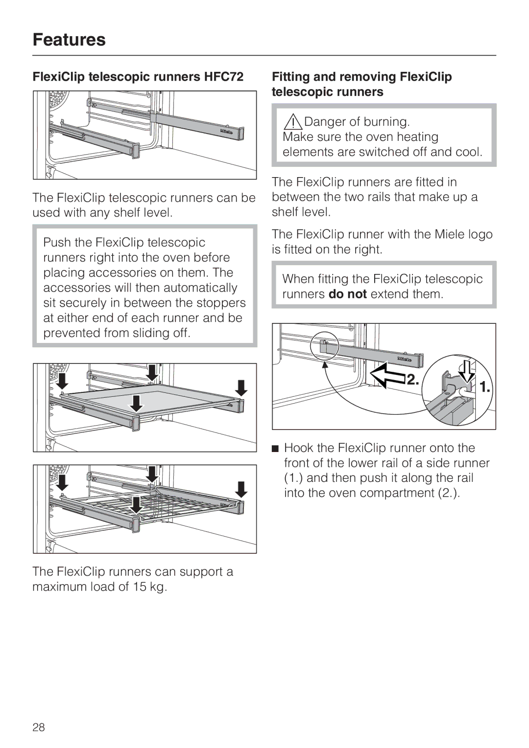 Miele 10 110 510 FlexiClip telescopic runners HFC72, Fitting and removing FlexiClip telescopic runners 