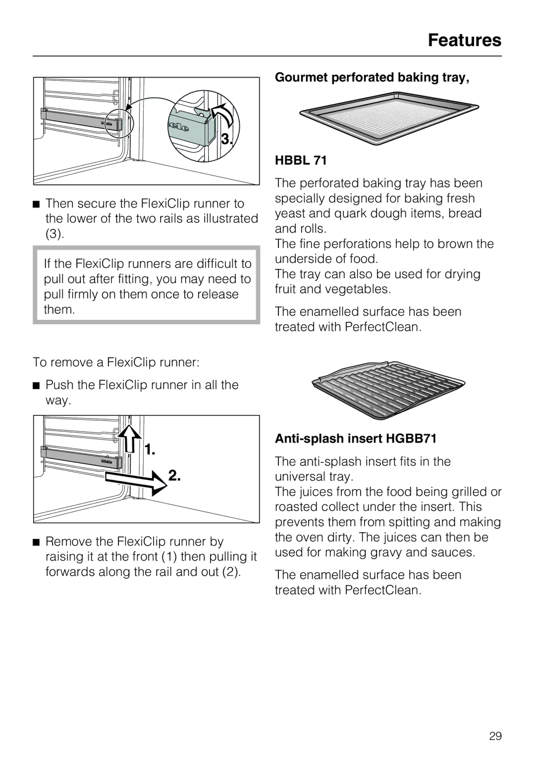 Miele 10 110 510 installation instructions Gourmet perforated baking tray, Anti-splash insert HGBB71 