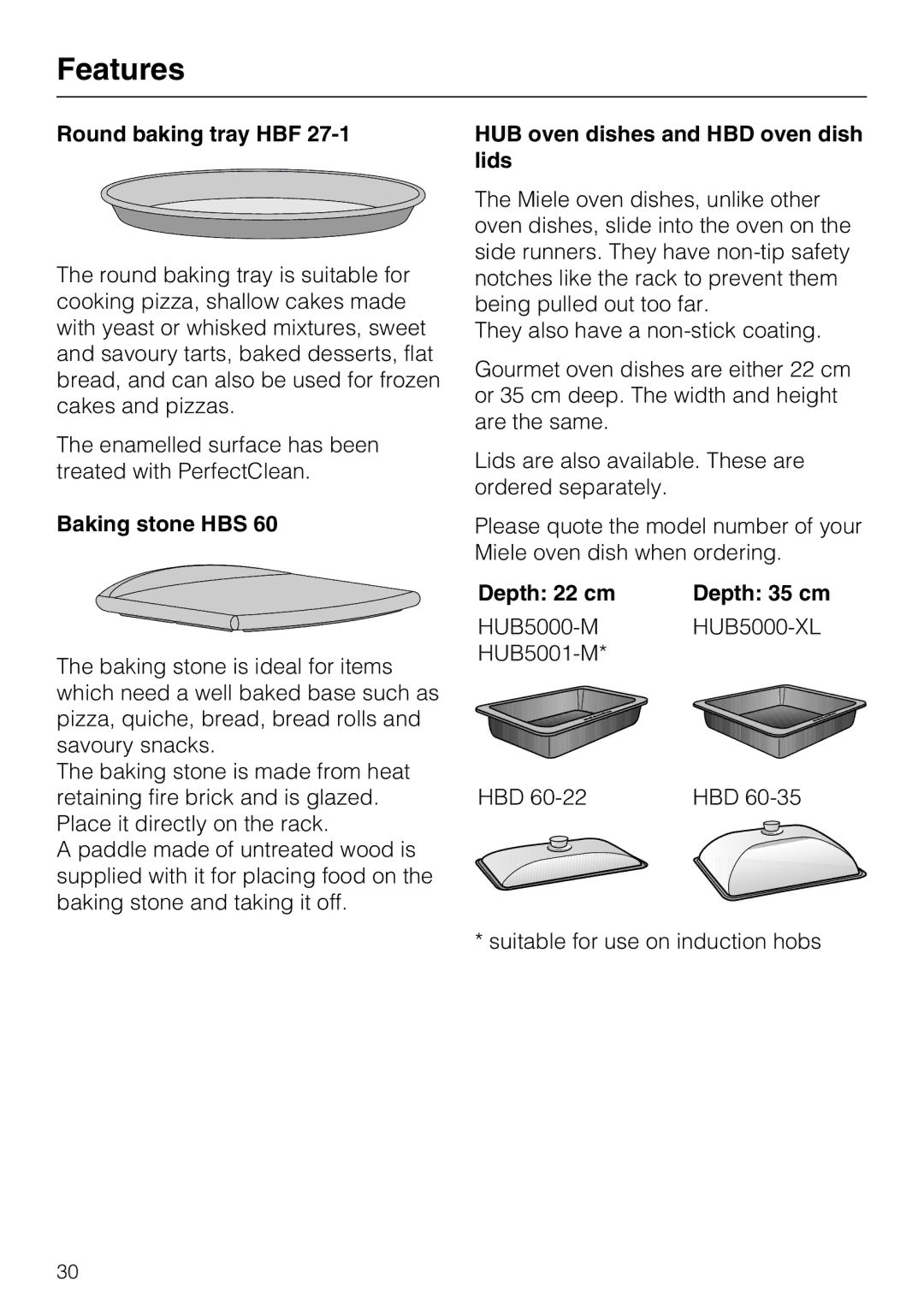 Miele 10 110 510 Round baking tray HBF, Baking stone HBS, HUB oven dishes and HBD oven dish lids, Depth 22 cm Depth 35 cm 