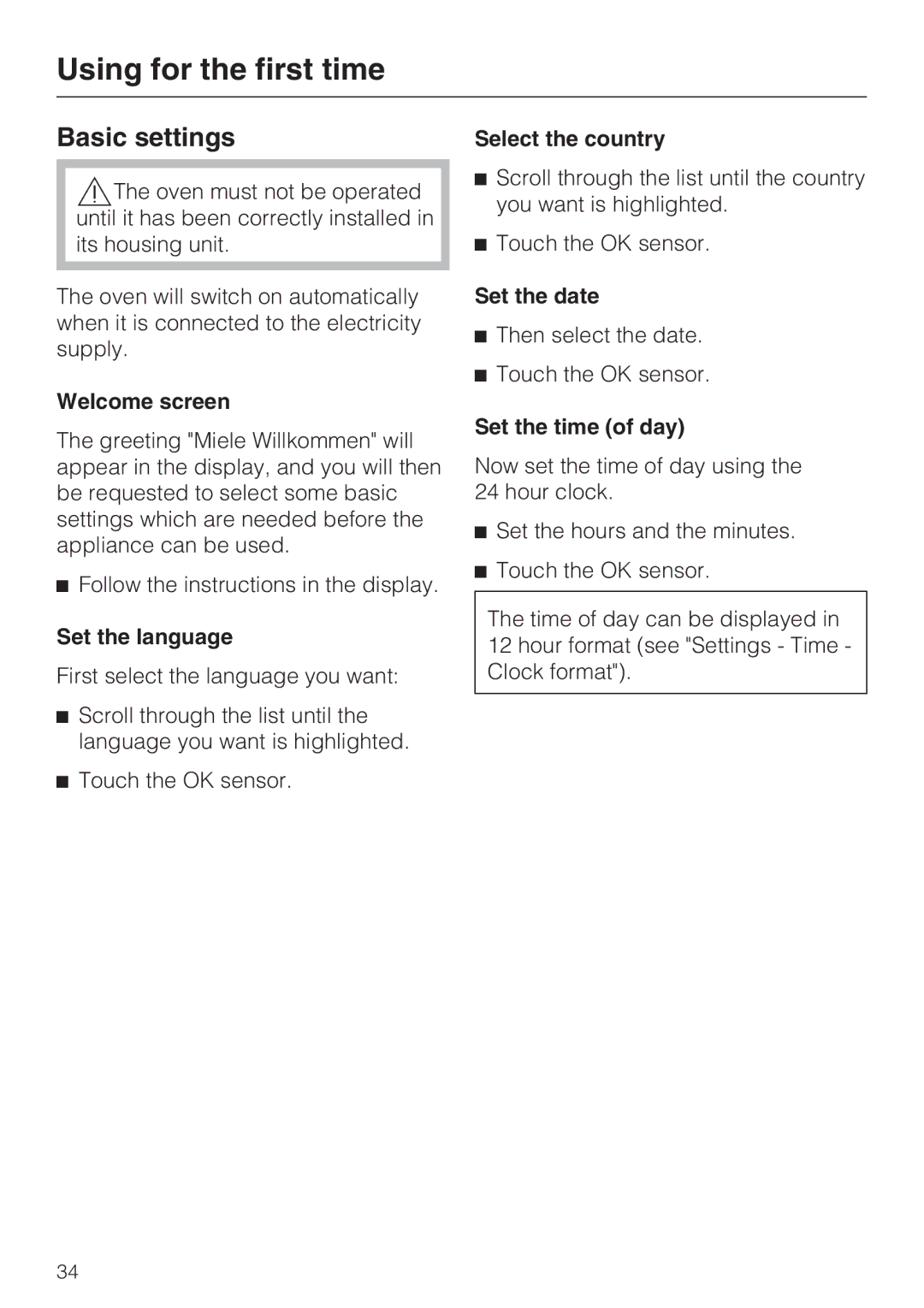 Miele 10 110 510 installation instructions Using for the first time, Basic settings 