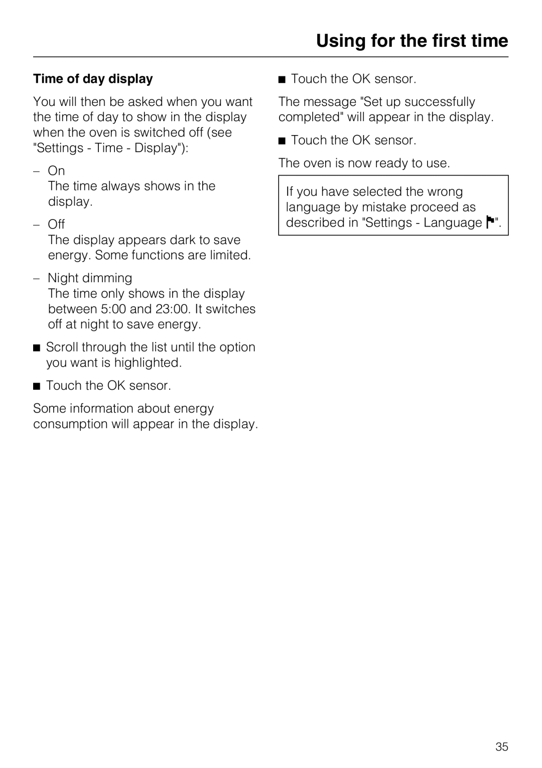 Miele 10 110 510 installation instructions Time of day display 