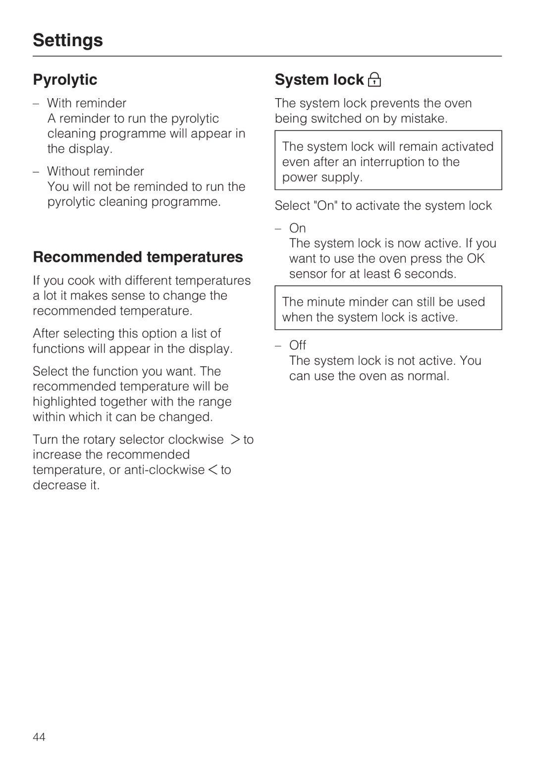 Miele 10 110 510 installation instructions Pyrolytic, Recommended temperatures, System lock 