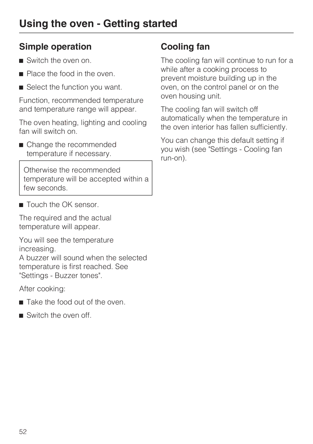 Miele 10 110 510 installation instructions Using the oven Getting started, Simple operation, Cooling fan 