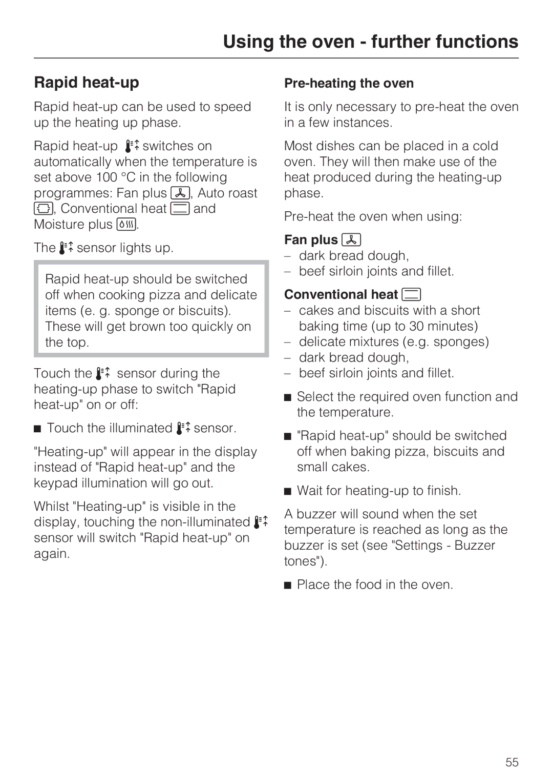 Miele 10 110 510 installation instructions Rapid heat-up, Pre-heating the oven 